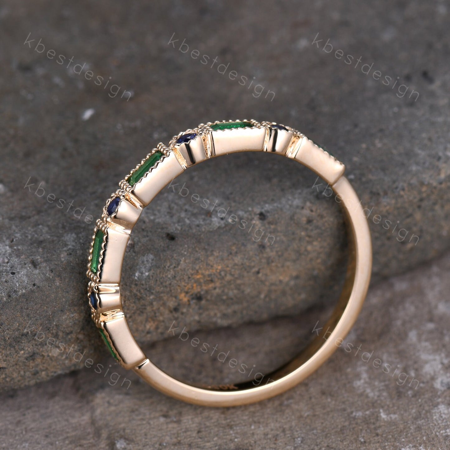 Art Deco Emerald wedding band 14K Gold emerald sapphire wedding band vintage Milgrain band matching Stacking band Anniversary band