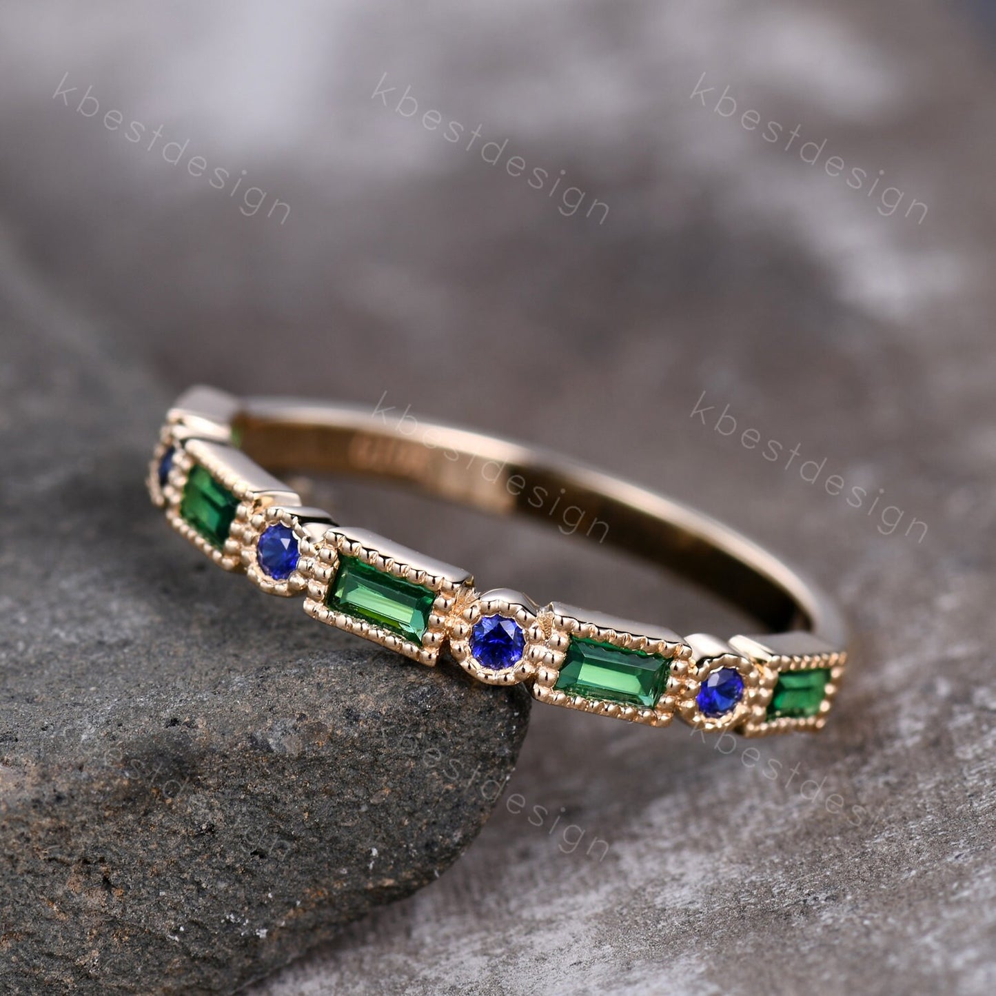 Art Deco Emerald wedding band 14K Gold emerald sapphire wedding band vintage Milgrain band matching Stacking band Anniversary band