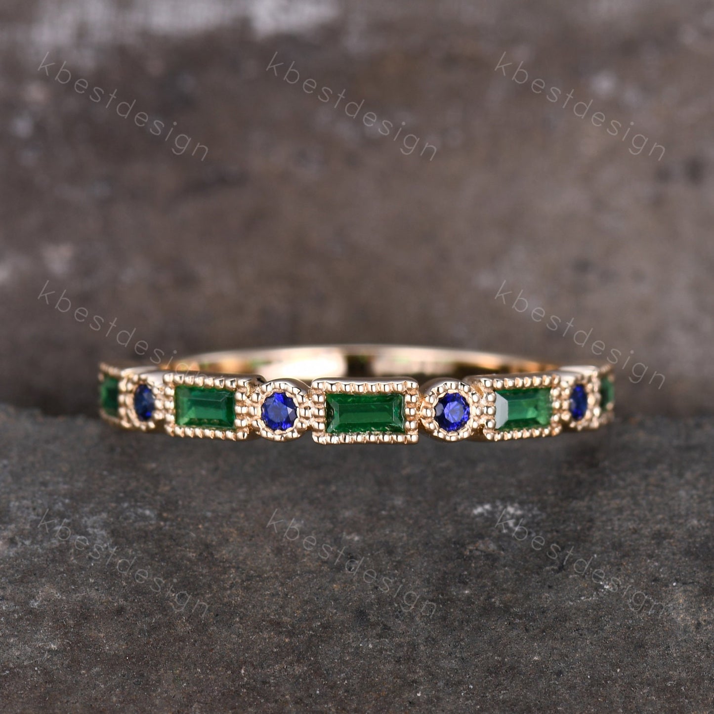Art Deco Emerald wedding band 14K Gold emerald sapphire wedding band vintage Milgrain band matching Stacking band Anniversary band