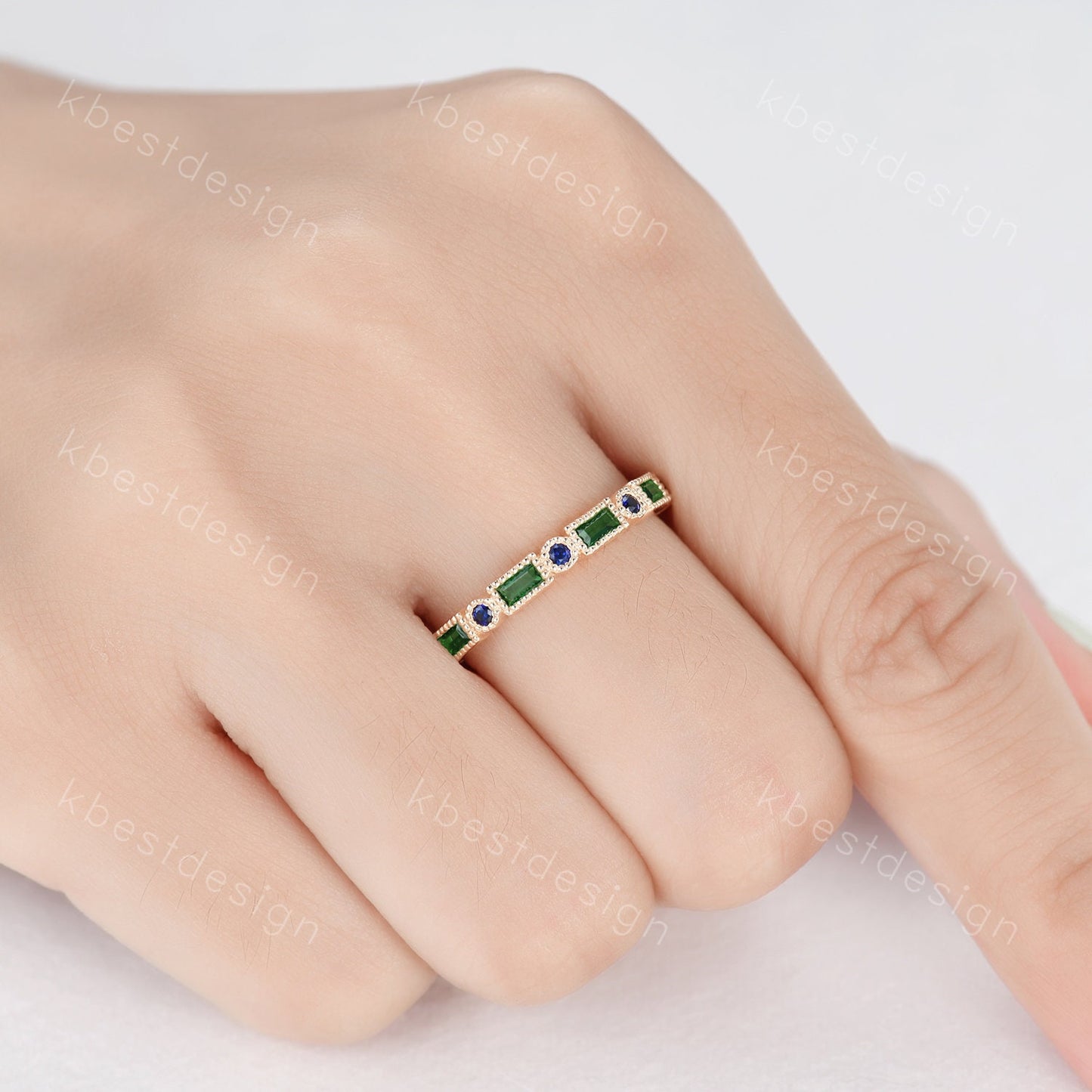 Art Deco Emerald wedding band 14K Gold emerald sapphire wedding band vintage Milgrain band matching Stacking band Anniversary band