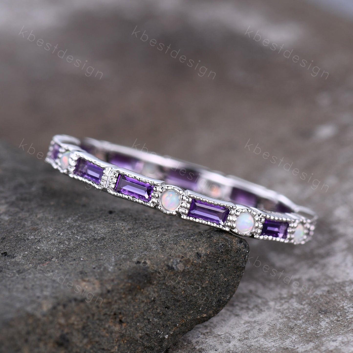 Amethyst Wedding Band Art Deco Eternity Band Opal Wedding Band White Gold Ring for Women Stacking Matching Band Anniversary Ring