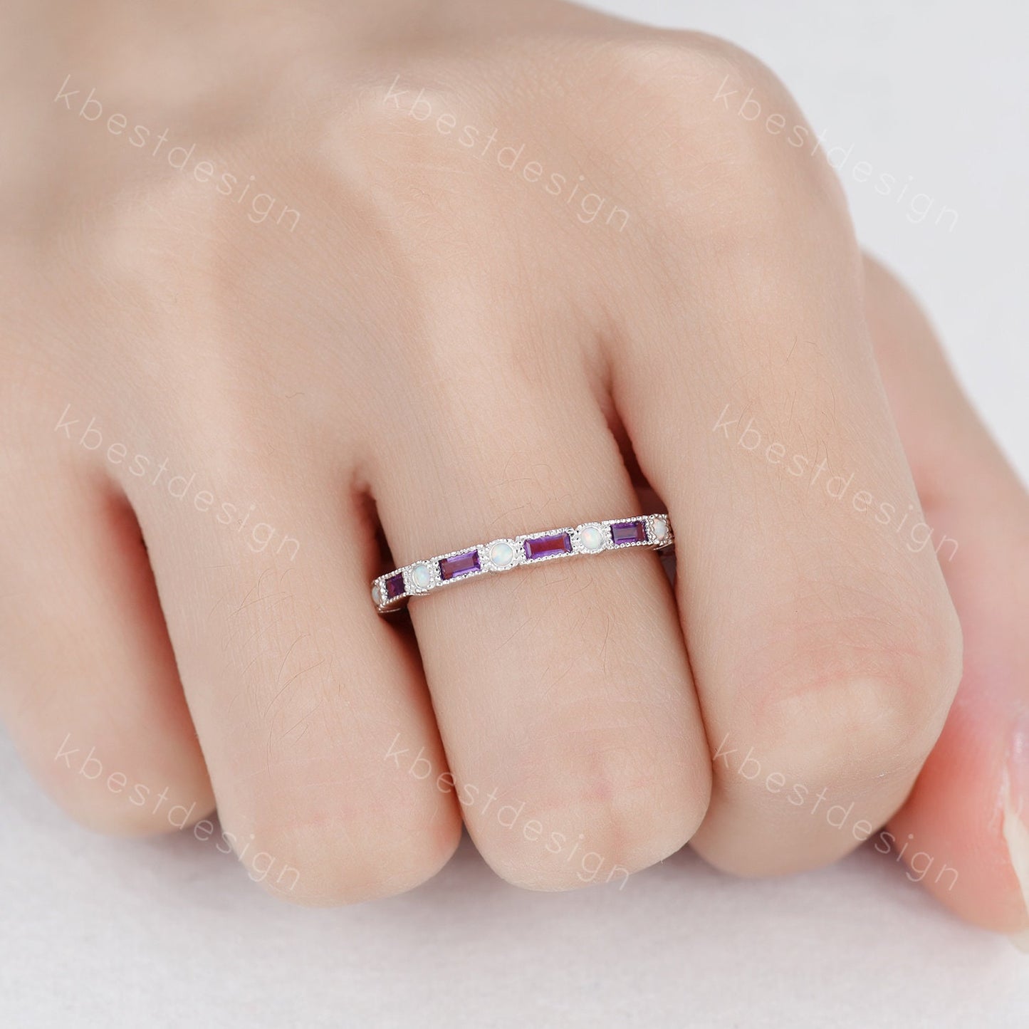 Amethyst Wedding Band Art Deco Eternity Band Opal Wedding Band White Gold Ring for Women Stacking Matching Band Anniversary Ring