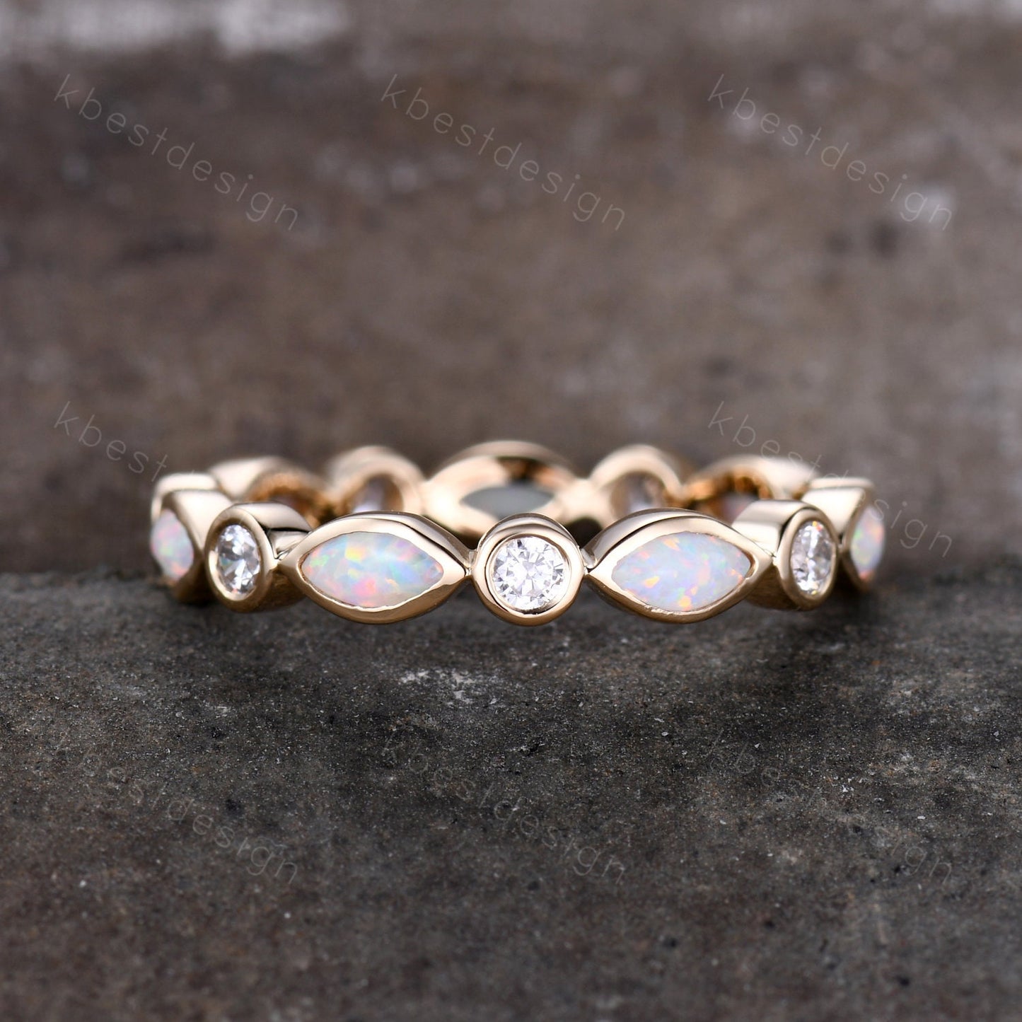 Marquise Opal Ring Full Eternity Opal Wedding Band Moissanite Wedding Ring Art deco Stacking Matching Band Anniversary Band Solid Gold Ring