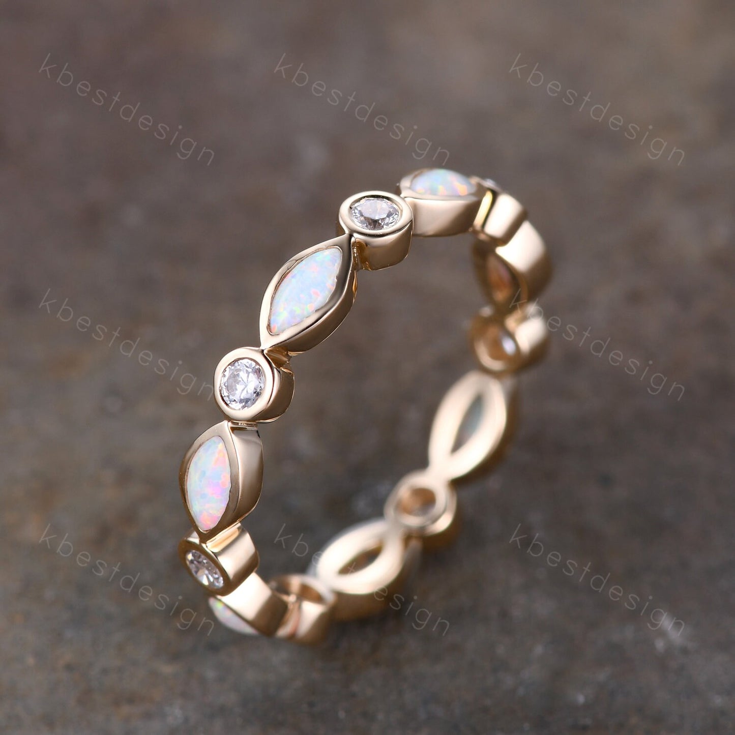 Marquise Opal Ring Full Eternity Opal Wedding Band Moissanite Wedding Ring Art deco Stacking Matching Band Anniversary Band Solid Gold Ring