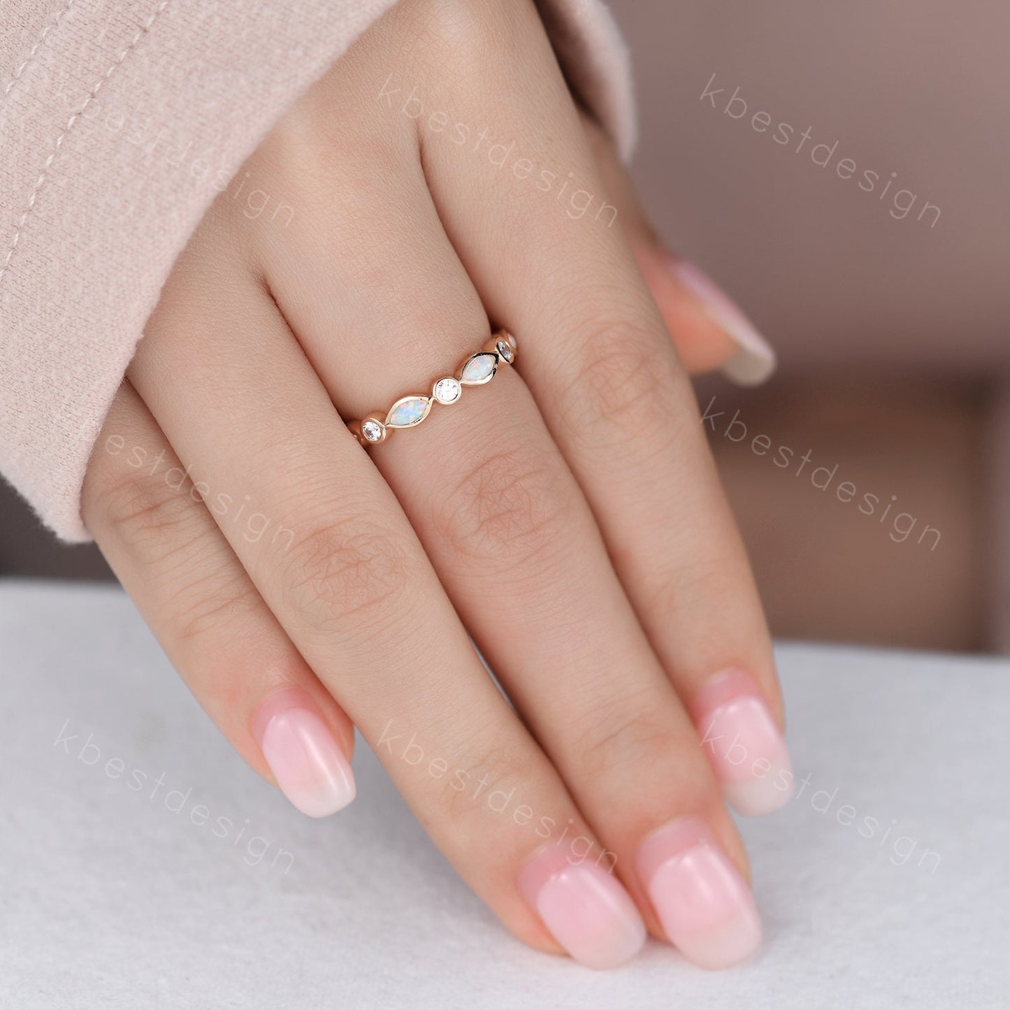 Marquise Opal Ring Full Eternity Opal Wedding Band Moissanite Wedding Ring Art deco Stacking Matching Band Anniversary Band Solid Gold Ring