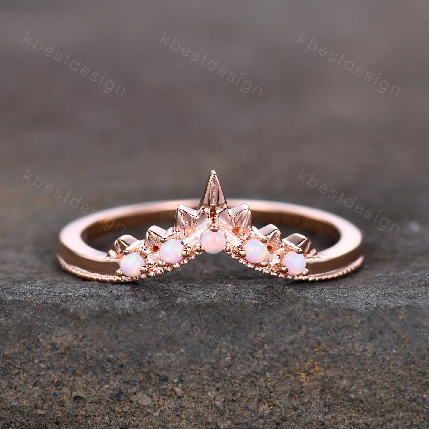 Opal Ring Art Deco Curved Wedding Band Rose Gold Stacking Matching Band Vintage Unique Opal Ring for Women Anniversary Ring October Gift