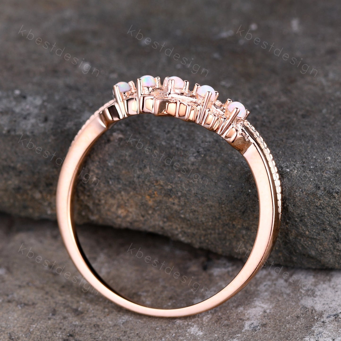 Opal Ring Art Deco Curved Wedding Band Rose Gold Stacking Matching Band Vintage Unique Opal Ring for Women Anniversary Ring October Gift