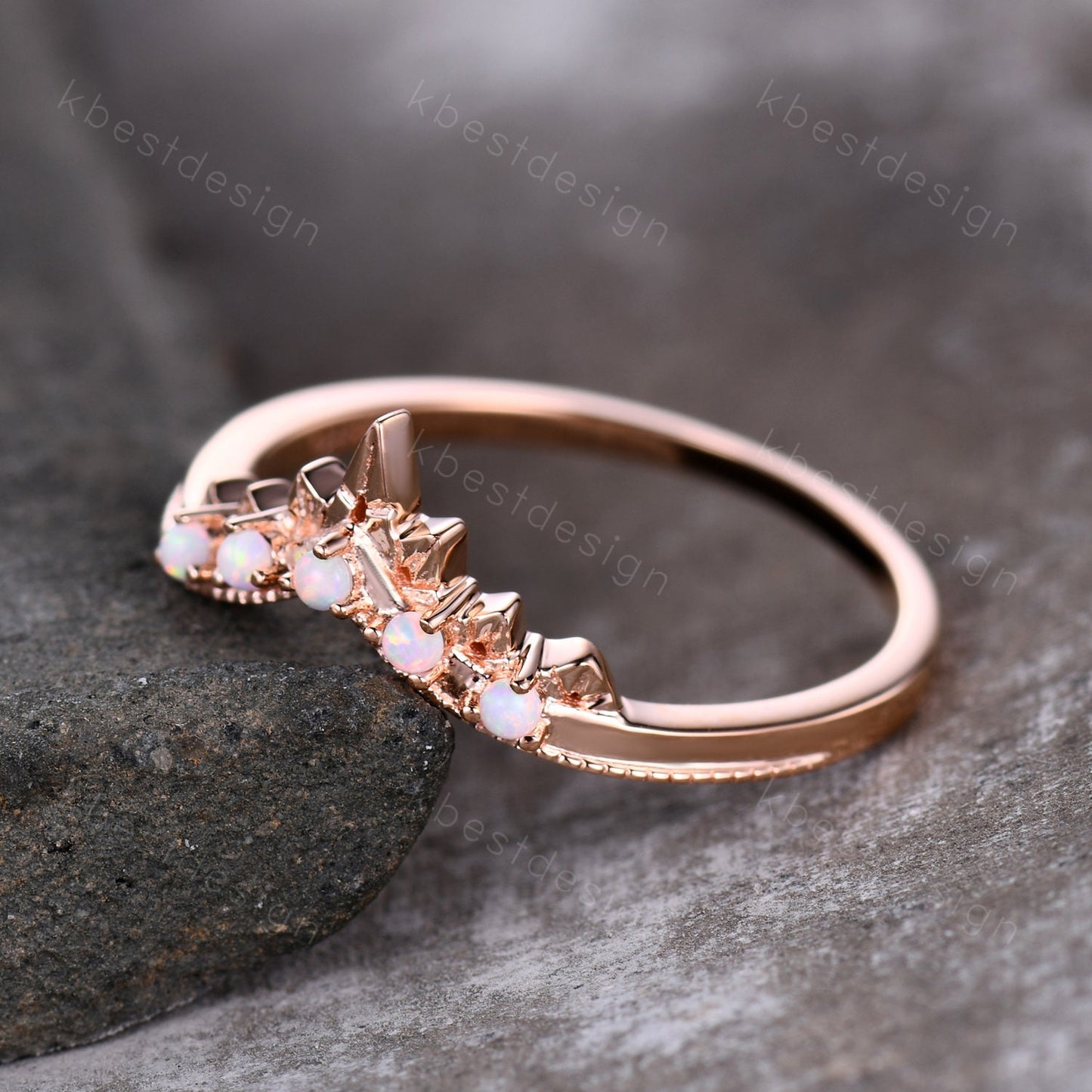 Opal Ring Art Deco Curved Wedding Band Rose Gold Stacking Matching Band Vintage Unique Opal Ring for Women Anniversary Ring October Gift