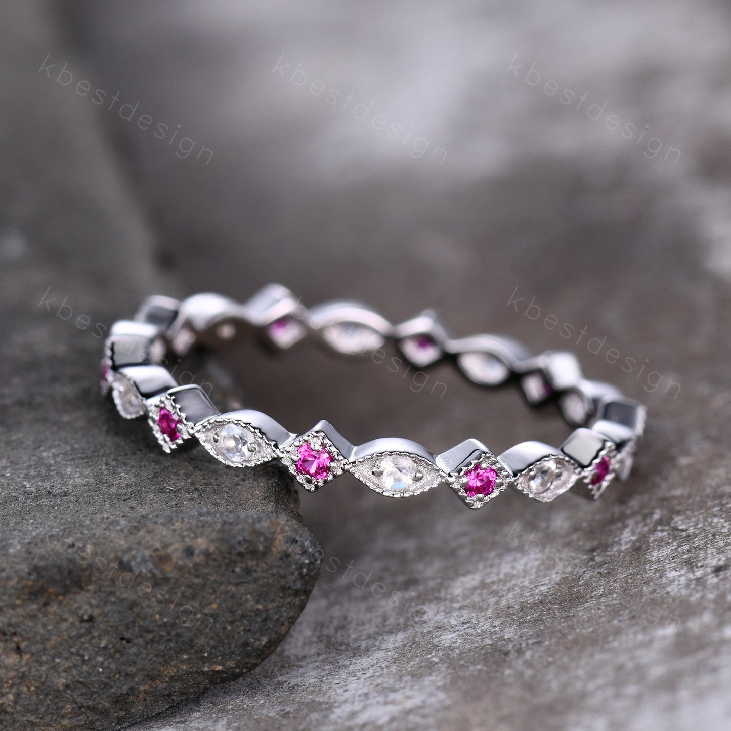 Art Deco Moonstone Ruby Wedding band Full eternity ring Vintage white gold band Unique Matching Stacking ring Anniversary ring Milgrain