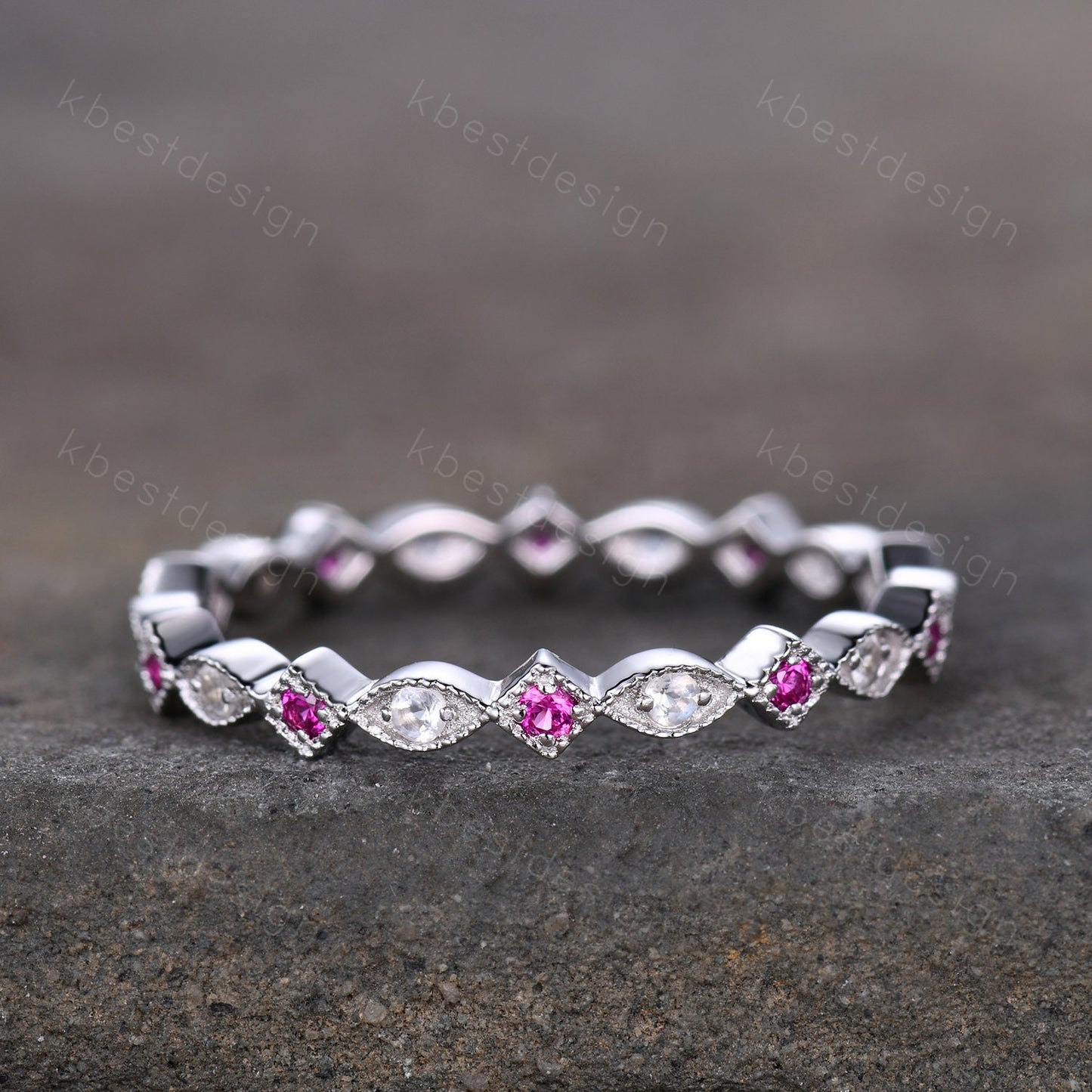 Art Deco Moonstone Ruby Wedding band Full eternity ring Vintage white gold band Unique Matching Stacking ring Anniversary ring Milgrain