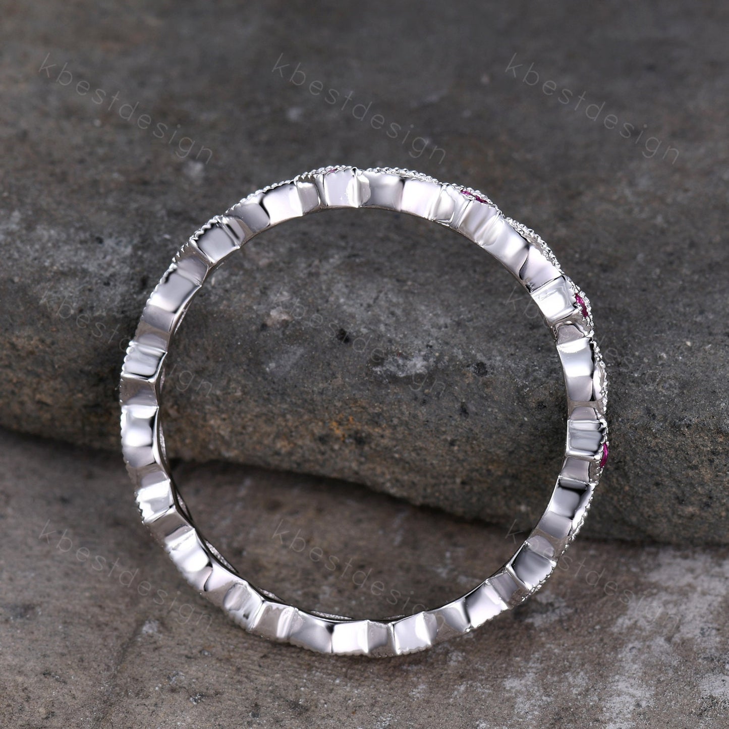 Art Deco Moonstone Ruby Wedding band Full eternity ring Vintage white gold band Unique Matching Stacking ring Anniversary ring Milgrain