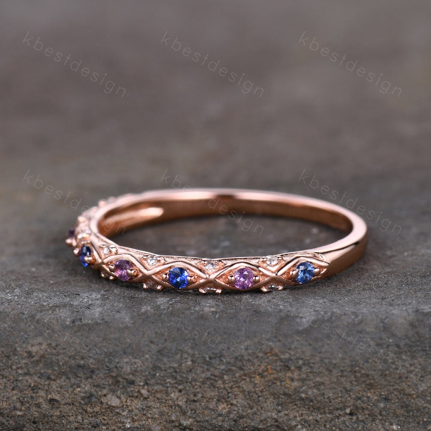 Antique Sapphire Wedding Band Women Rose Gold Band Amethyst Band Vintage Wedding Ring September Birthstone Stacking Ring Anniversary Gift