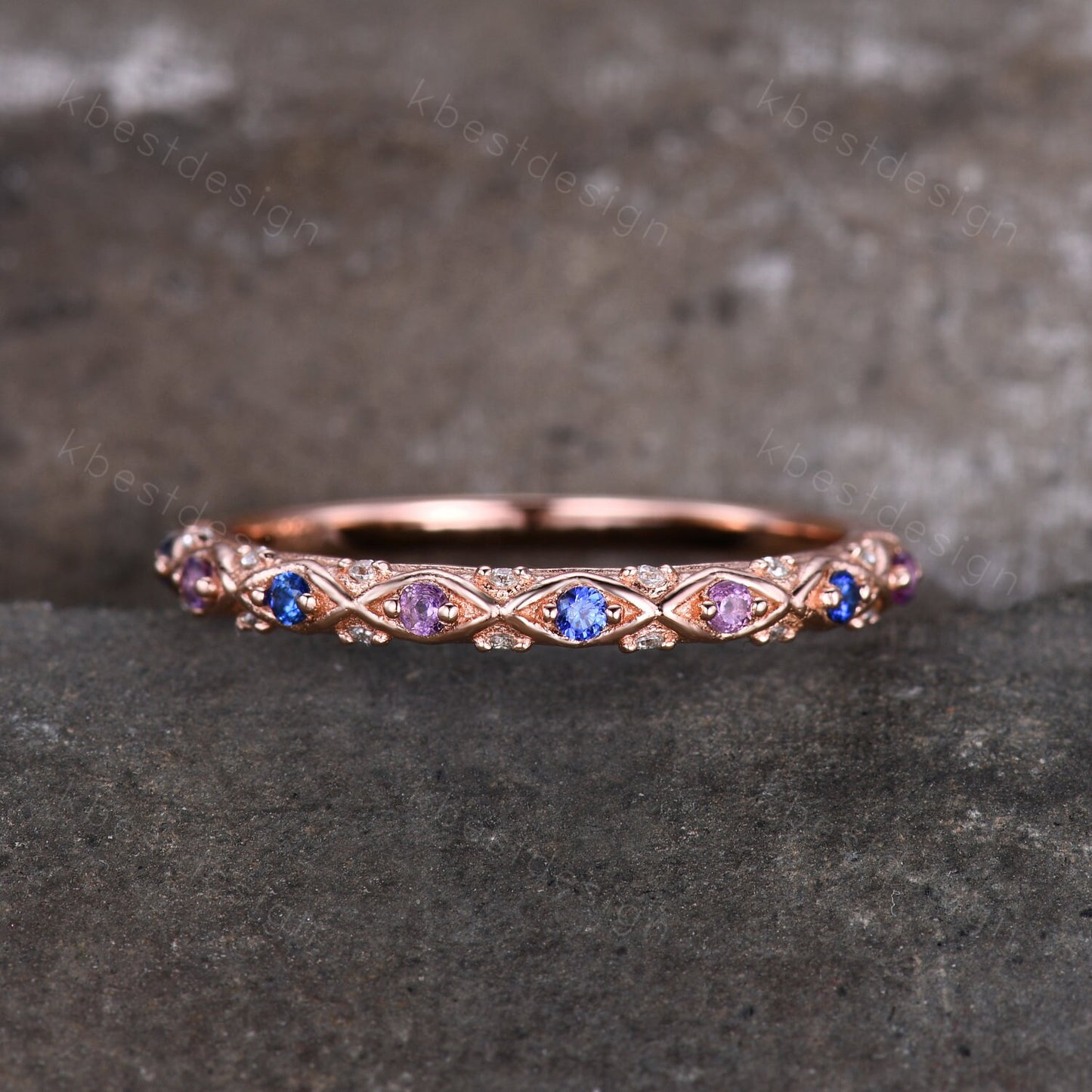 Antique Sapphire Wedding Band Women Rose Gold Band Amethyst Band Vintage Wedding Ring September Birthstone Stacking Ring Anniversary Gift