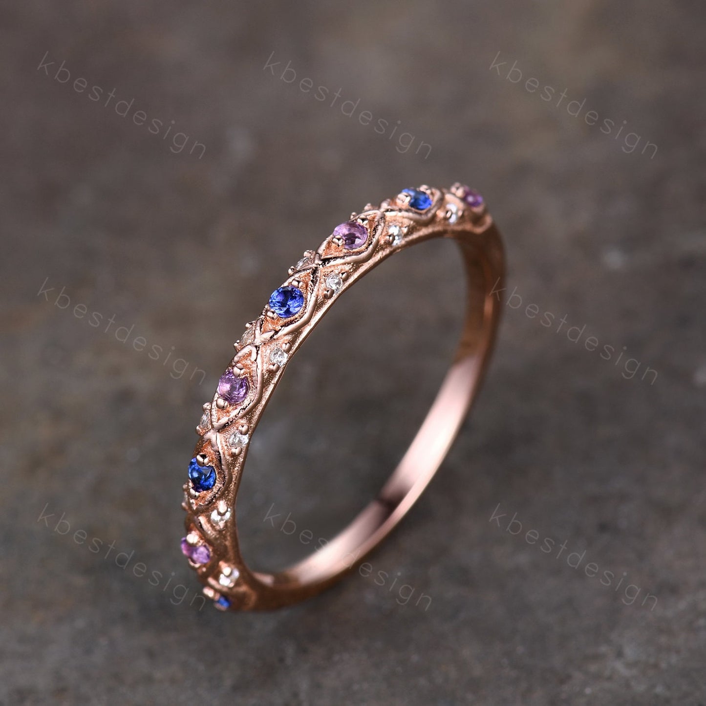 Antique Sapphire Wedding Band Women Solid 14K Yellow Gold Band Amethyst Wedding Band Vintage Stacking Matching Band Anniversary Ring