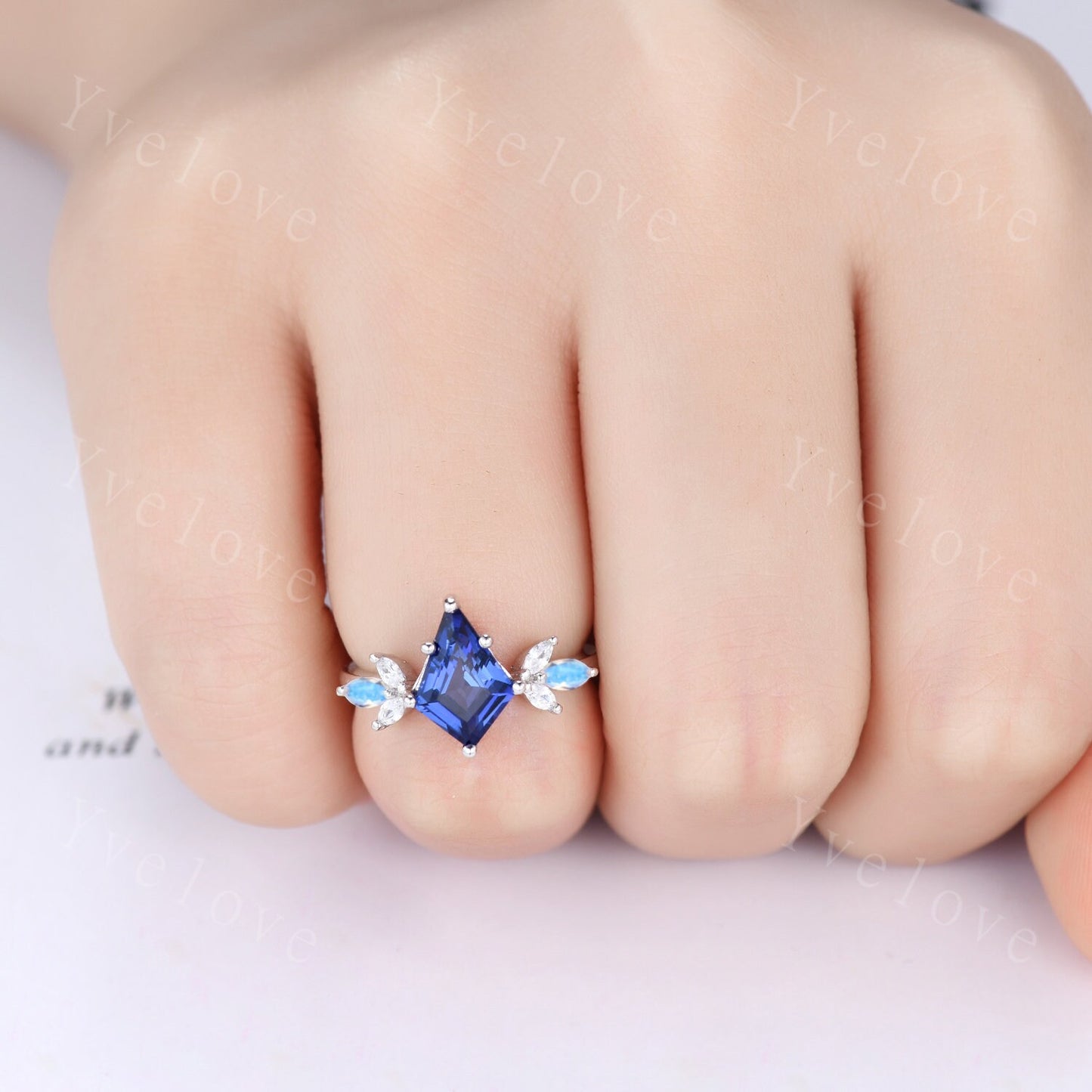 Vintage Sapphire engagement ring,kite sapphire ring,art deco marquise moonstone ring,opal moissanite wedding ring set for women,silver ring