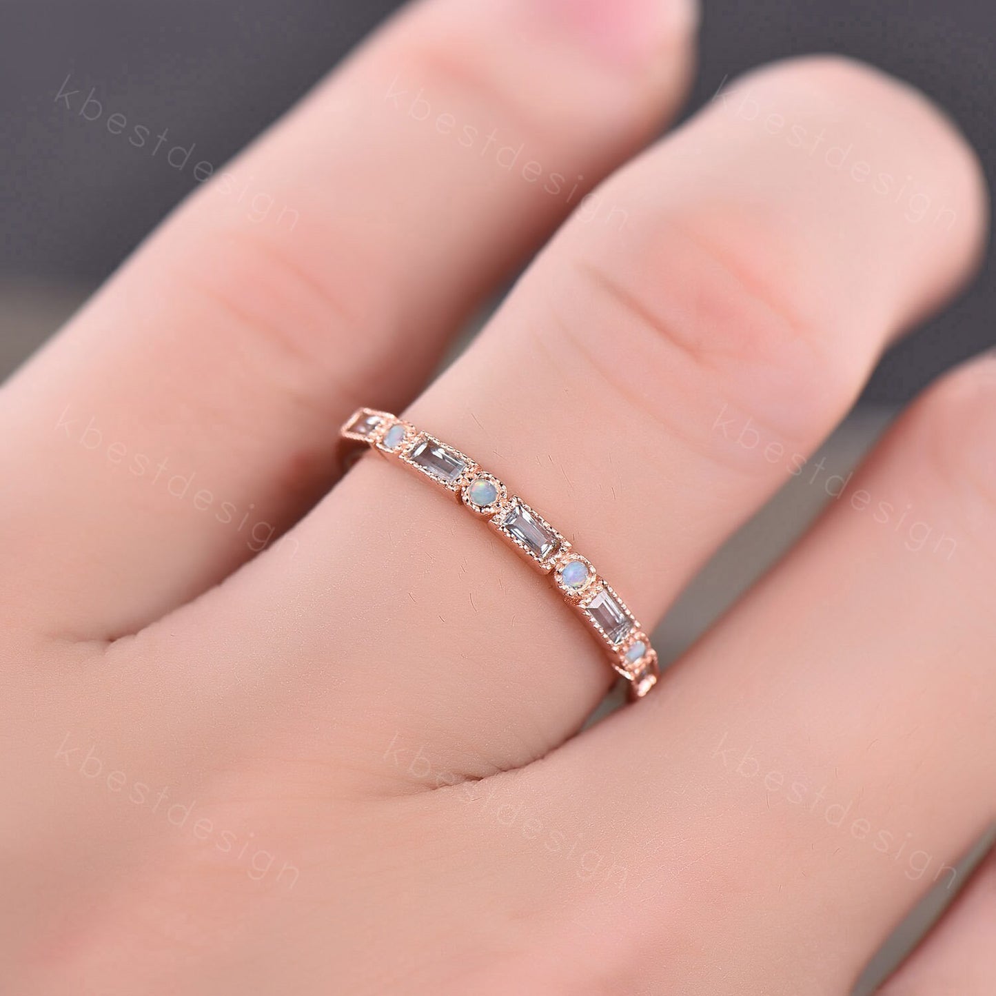 Aquamarine Ring, Women Rose Gold Wedding Band, Half Eternity Aquamarine Opal Band, Art Deco Stacking Matching Band, Anniversary Ring