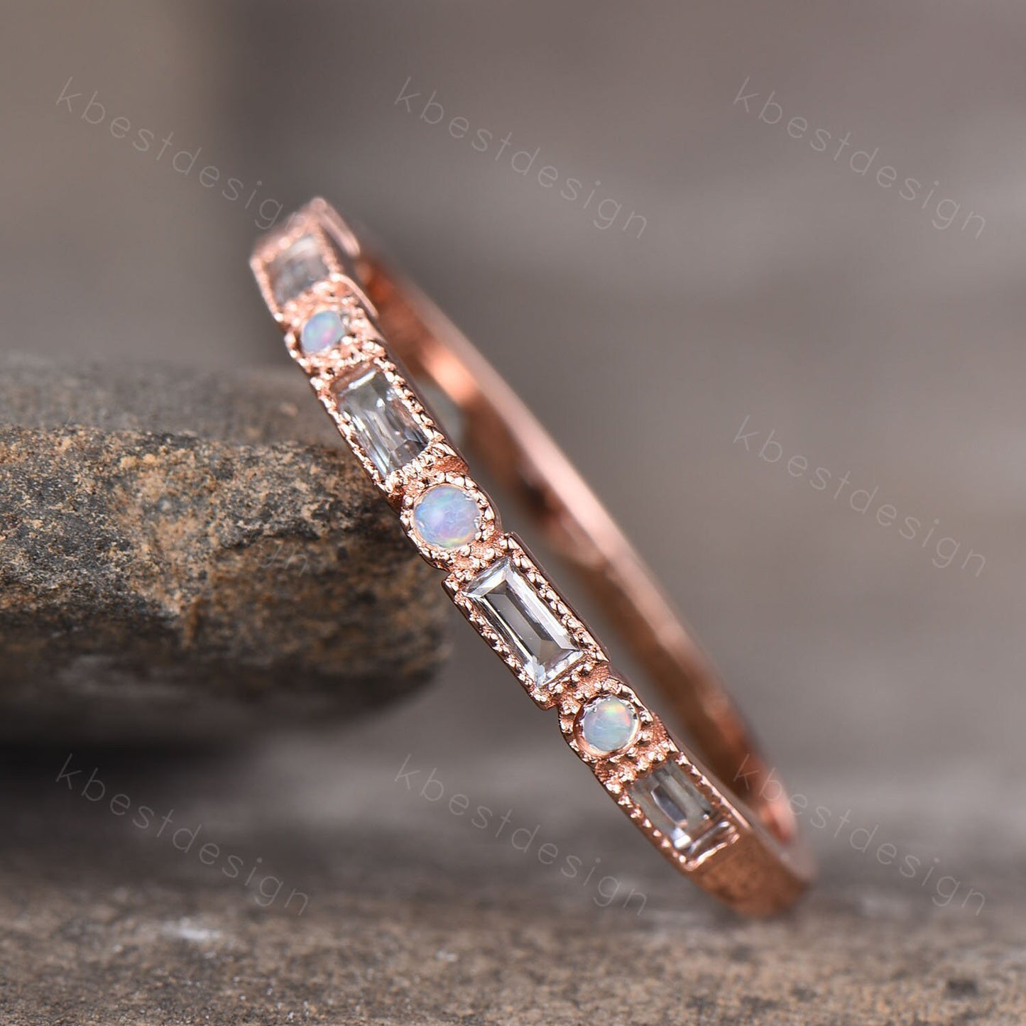 Aquamarine Ring, Women Rose Gold Wedding Band, Half Eternity Aquamarine Opal Band, Art Deco Stacking Matching Band, Anniversary Ring