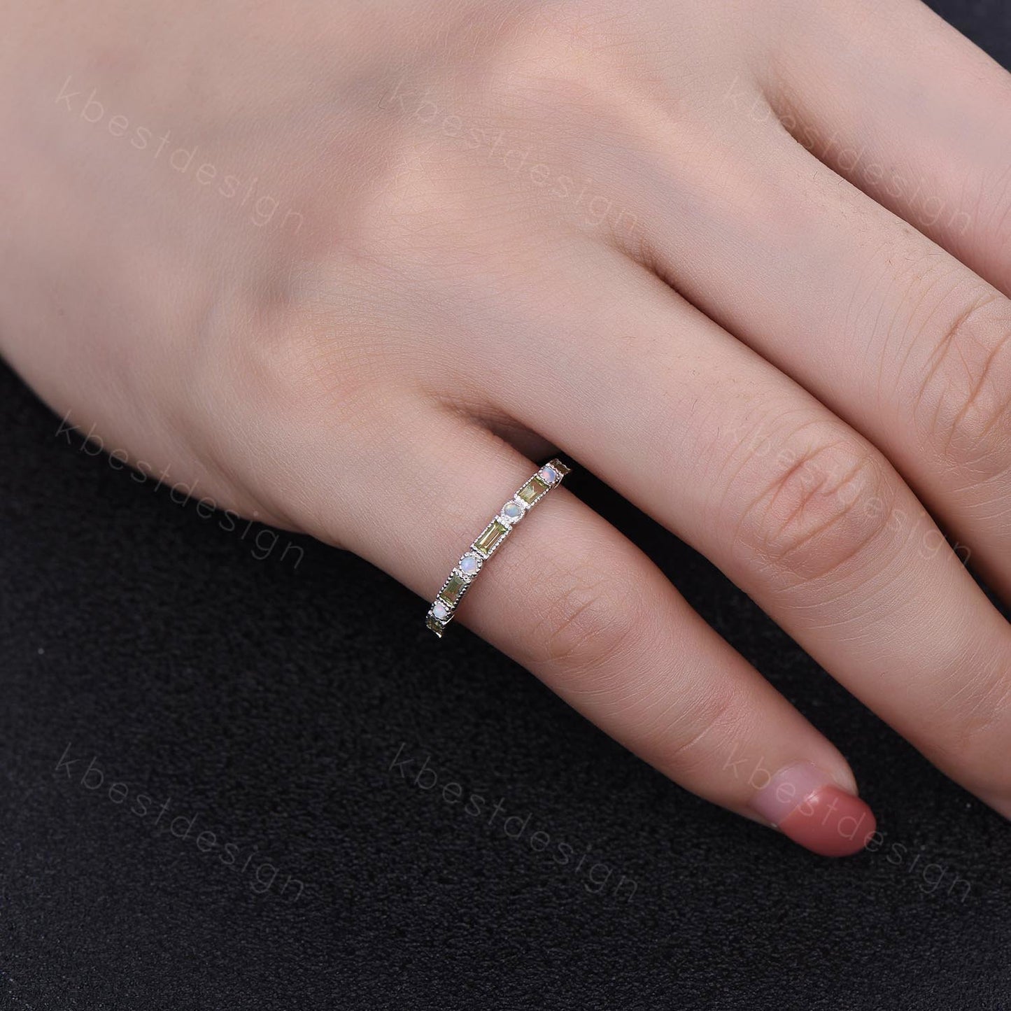 Peridot Opal Wedding Band Women Silver Stacking Band Half Eternity Baguette Band Unique Stacking Ring Matching Band Anniversary Ring Gift