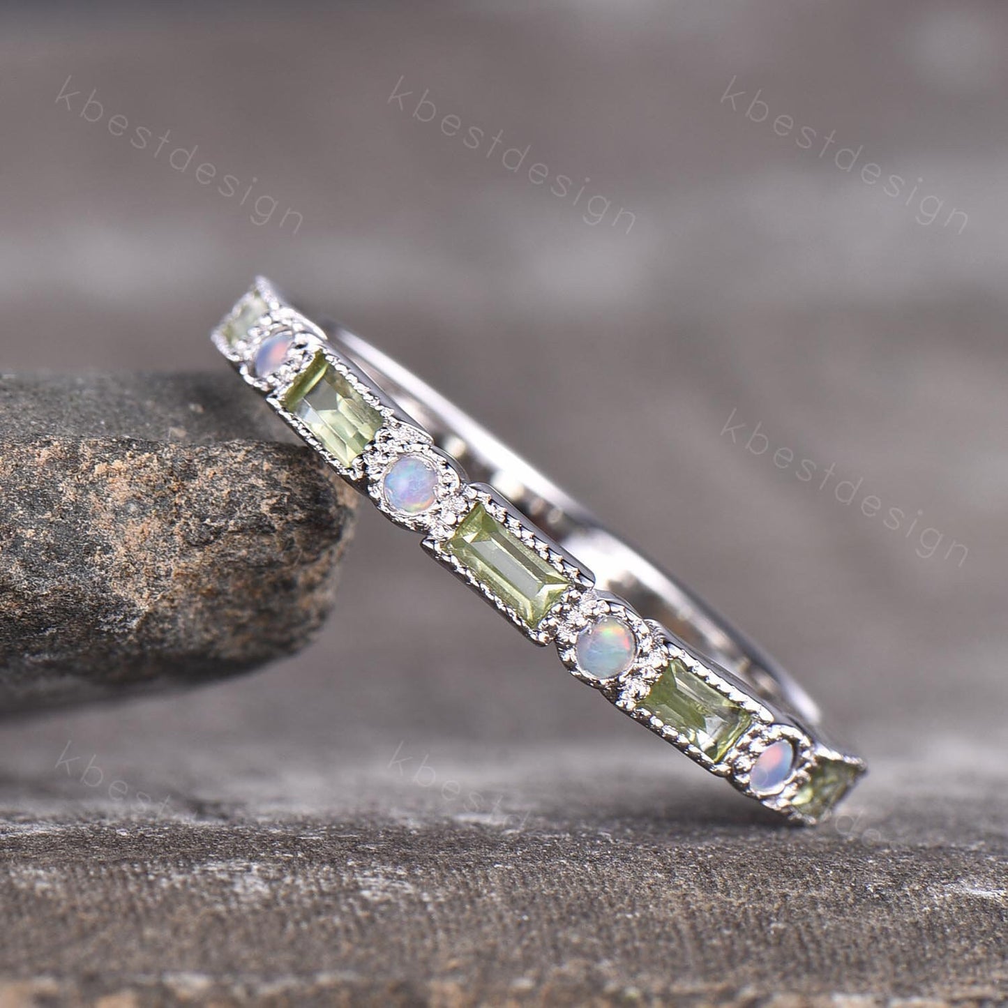 Peridot Opal Wedding Band Women Silver Stacking Band Half Eternity Baguette Band Unique Stacking Ring Matching Band Anniversary Ring Gift