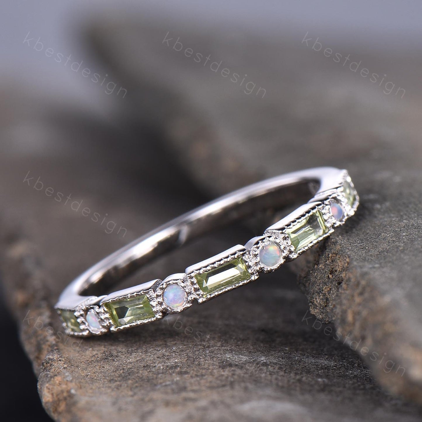 Peridot Opal Wedding Band Women Silver Stacking Band Half Eternity Baguette Band Unique Stacking Ring Matching Band Anniversary Ring Gift