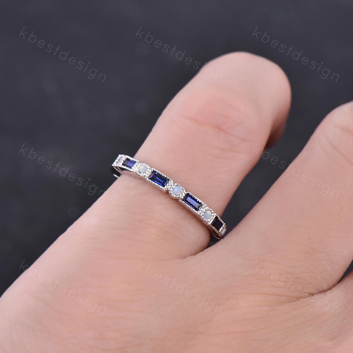 Eternity Band, Blue Sapphire Wedding Band, Sterling Silver Ring, Sapphire Opal Ring, September Birthstone Ring, Vintage Stacking Band