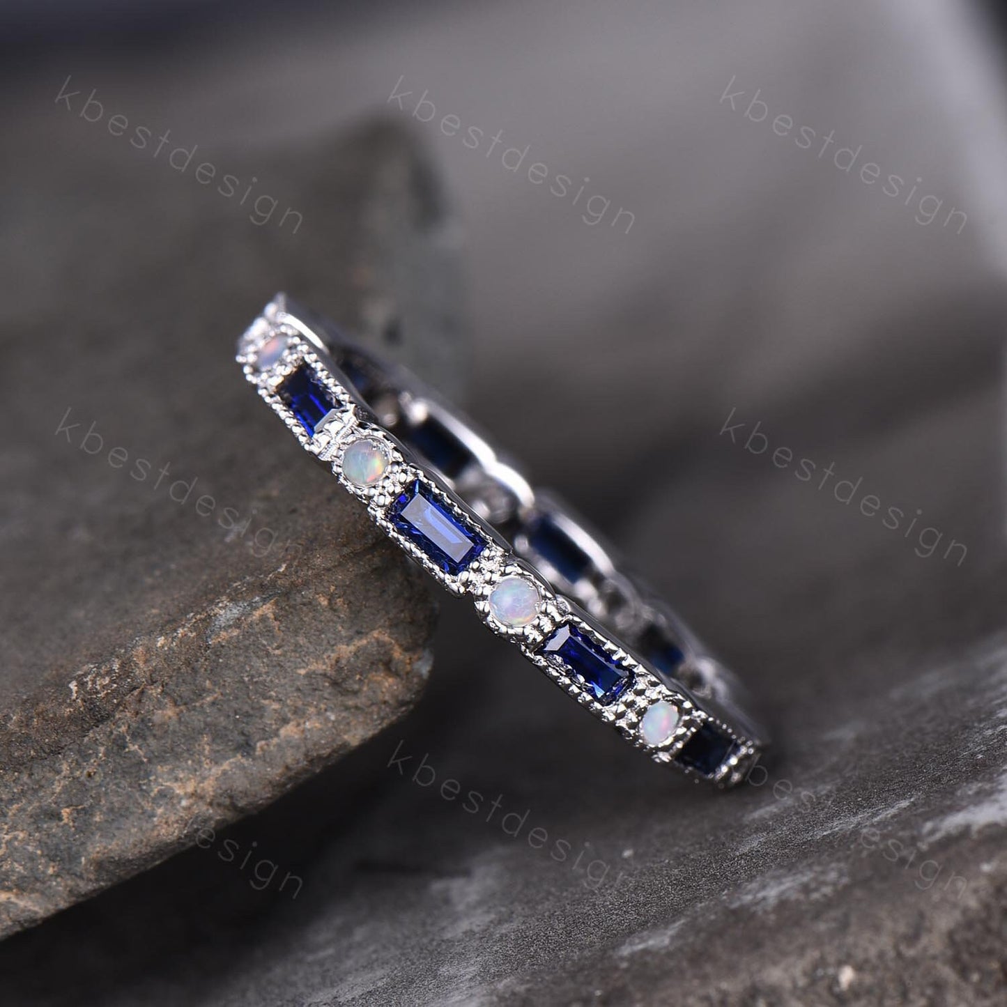 Eternity Band, Blue Sapphire Wedding Band, Sterling Silver Ring, Sapphire Opal Ring, September Birthstone Ring, Vintage Stacking Band