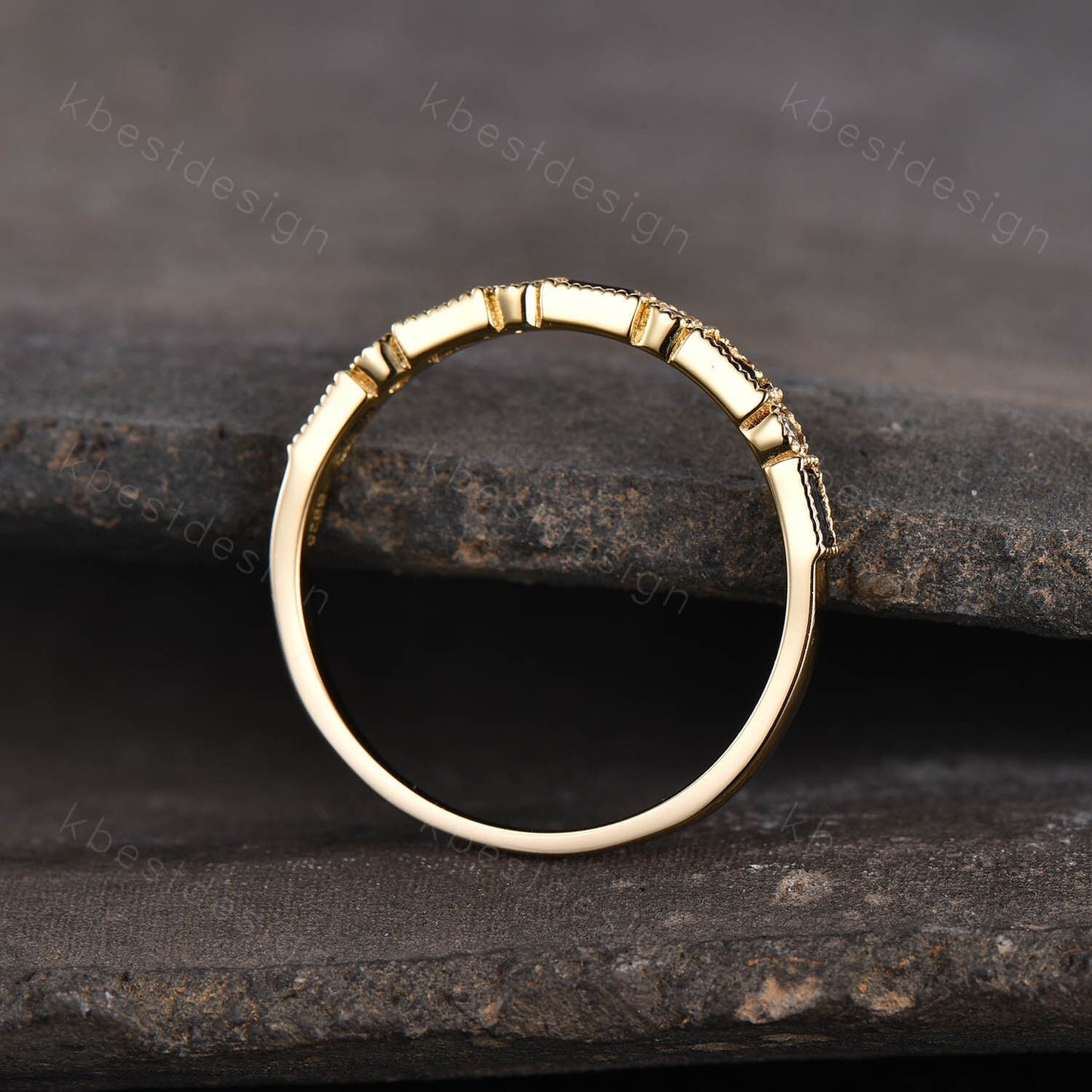 Vintage Sapphire Opal Wedding Band Baguette cut solid gold wedding ring Unique Stacking ring matching ring Bridal ring Anniversary band ring