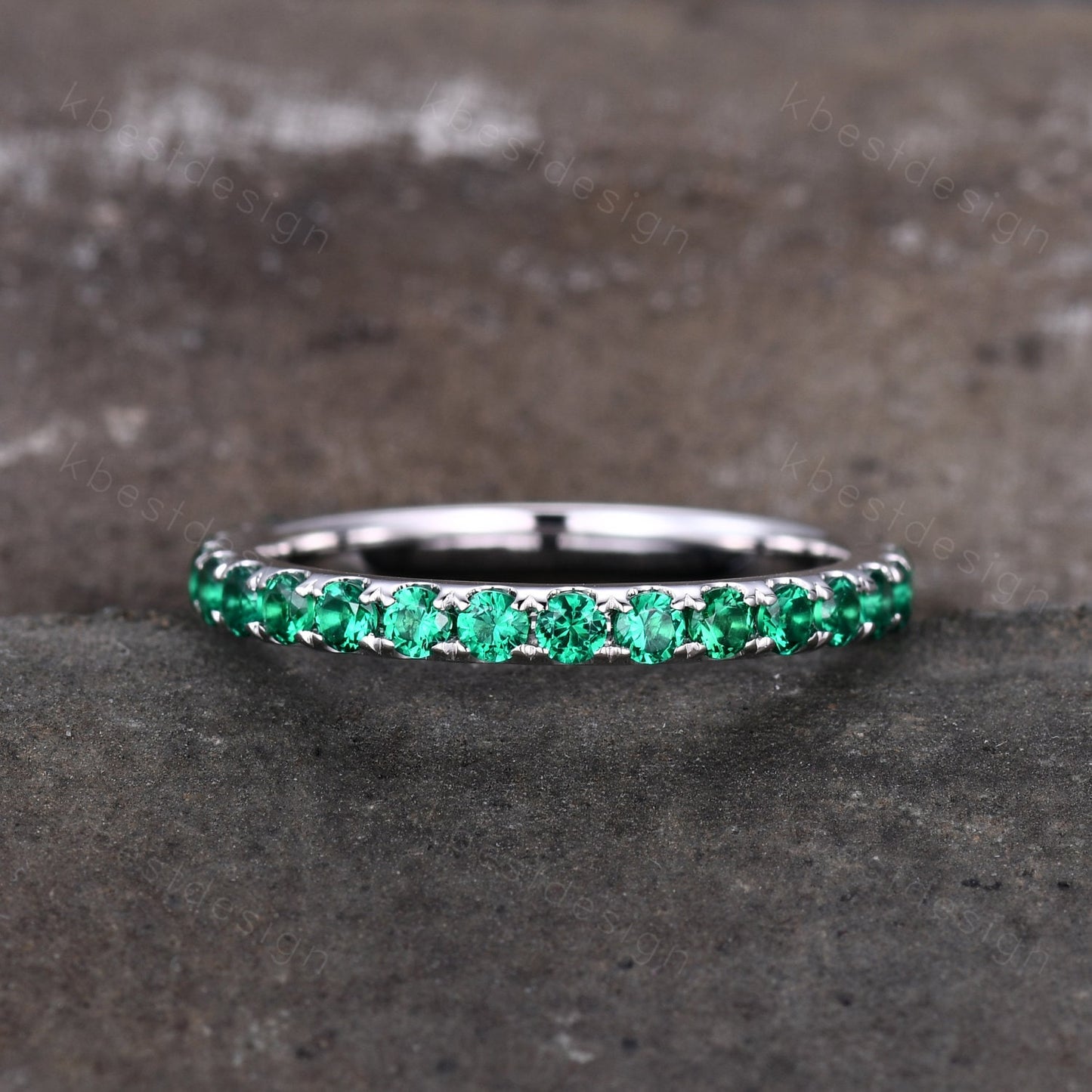 2mm Round Cut Emerald Wedding Band Eternity Band Pave Stackable Band Minimalist Emerald Band May Birthstone Ring Anniversary Gift