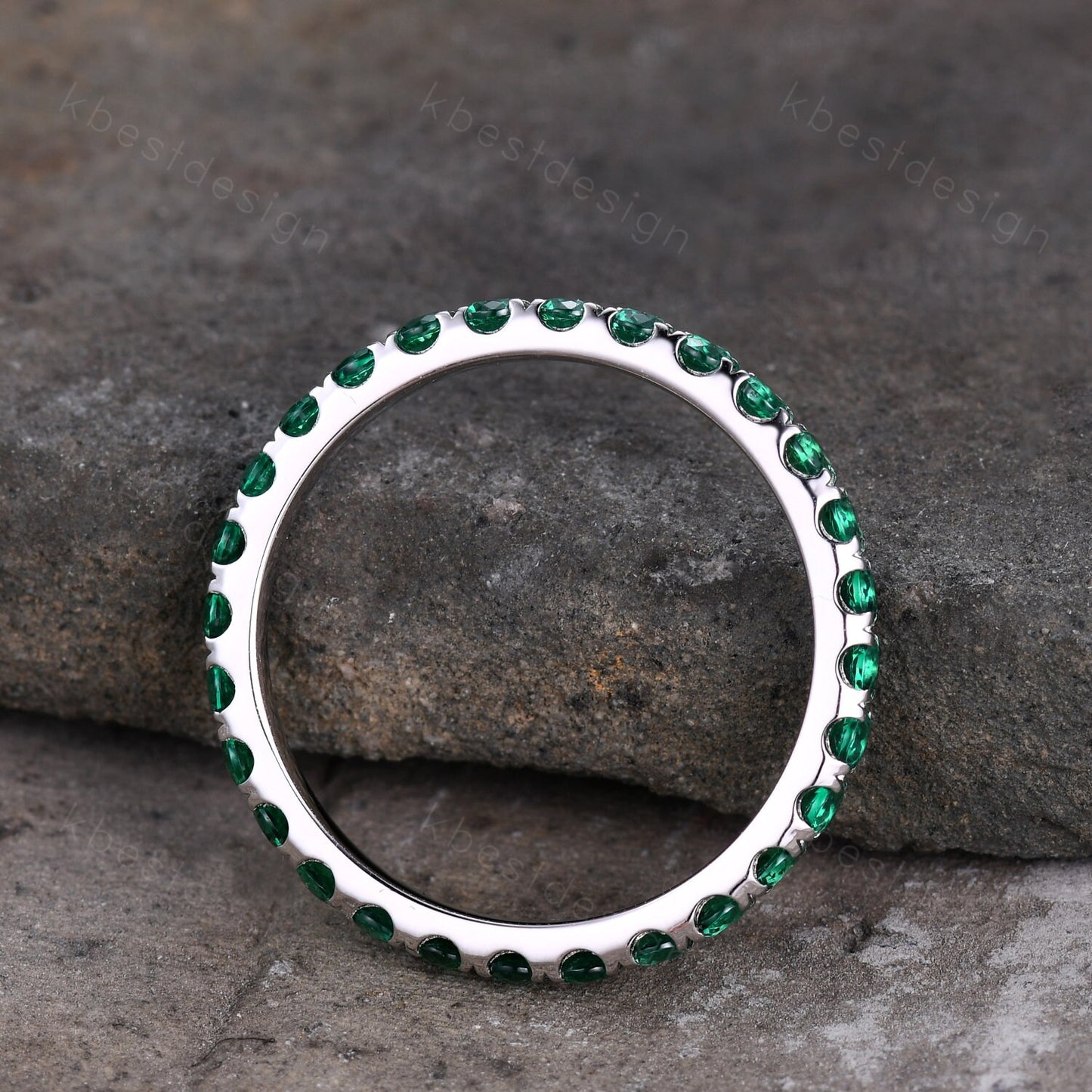 2mm Round Cut Emerald Wedding Band Eternity Band Pave Stackable Band Minimalist Emerald Band May Birthstone Ring Anniversary Gift