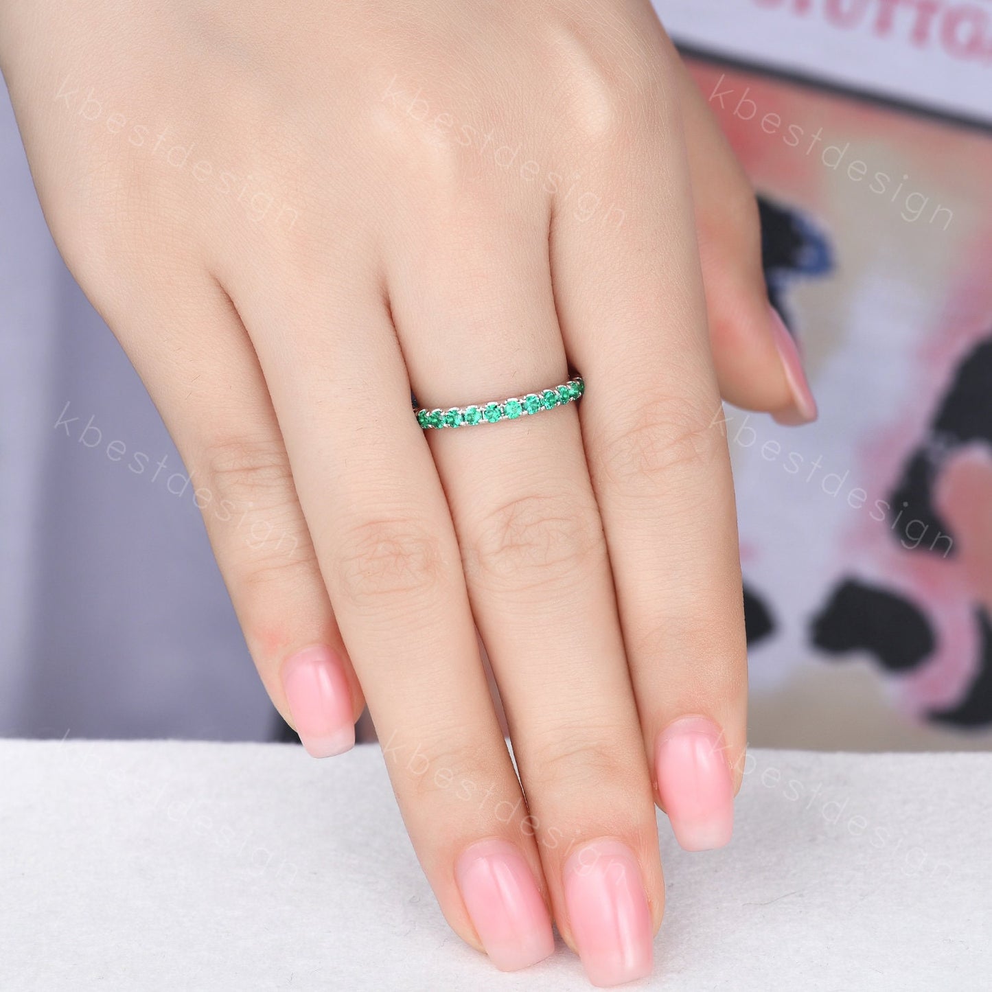 2mm Round Cut Emerald Wedding Band Eternity Band Pave Stackable Band Minimalist Emerald Band May Birthstone Ring Anniversary Gift