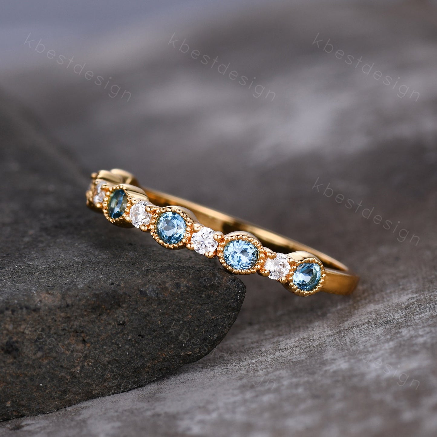 Half Eternity Blue Topaz Wedding Band Women Yellow Gold Band Art Deco Blue Topaz and Moissanite Wedding Band Unique Anniversary Ring
