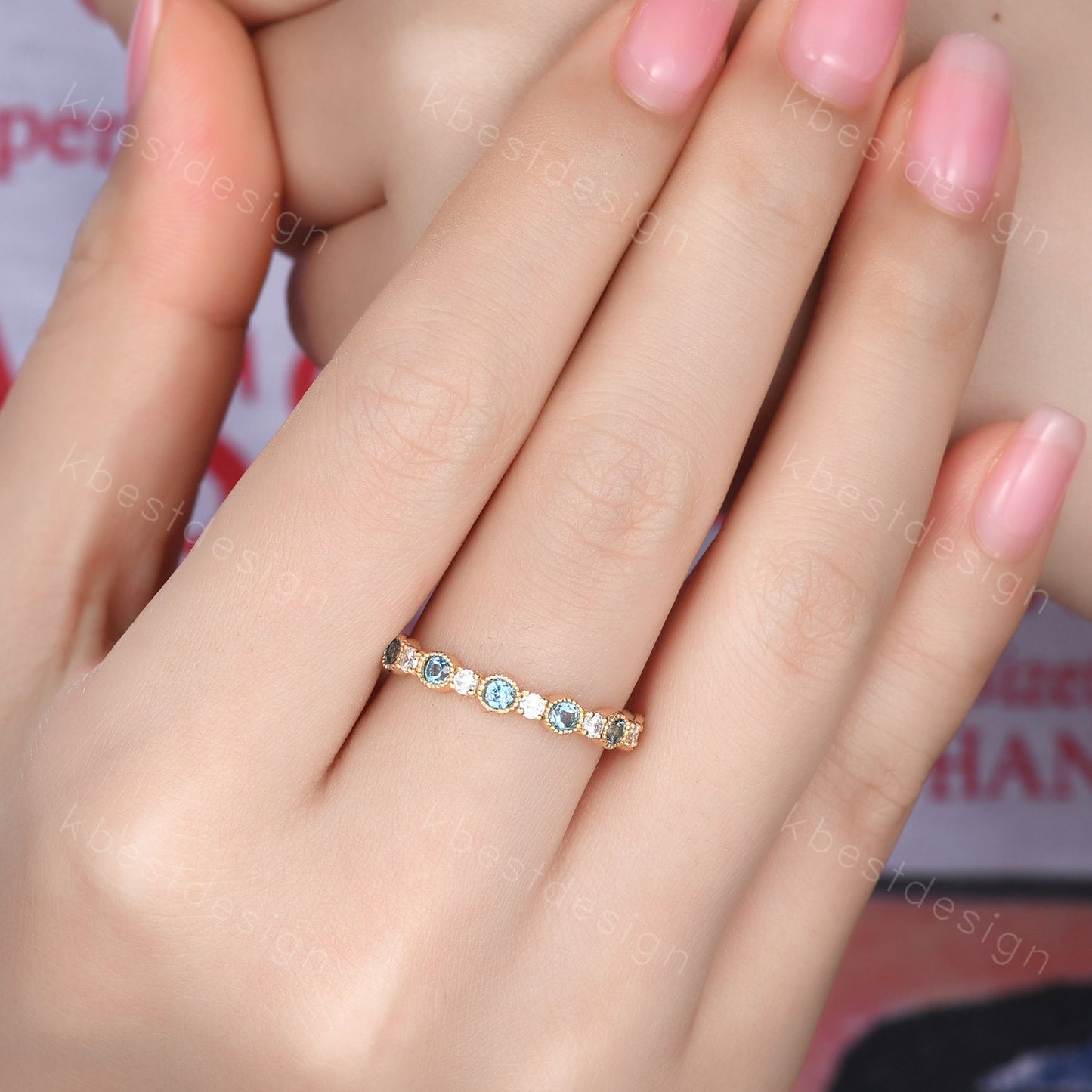 Half Eternity Blue Topaz Wedding Band Women Yellow Gold Band Art Deco Blue Topaz and Moissanite Wedding Band Unique Anniversary Ring