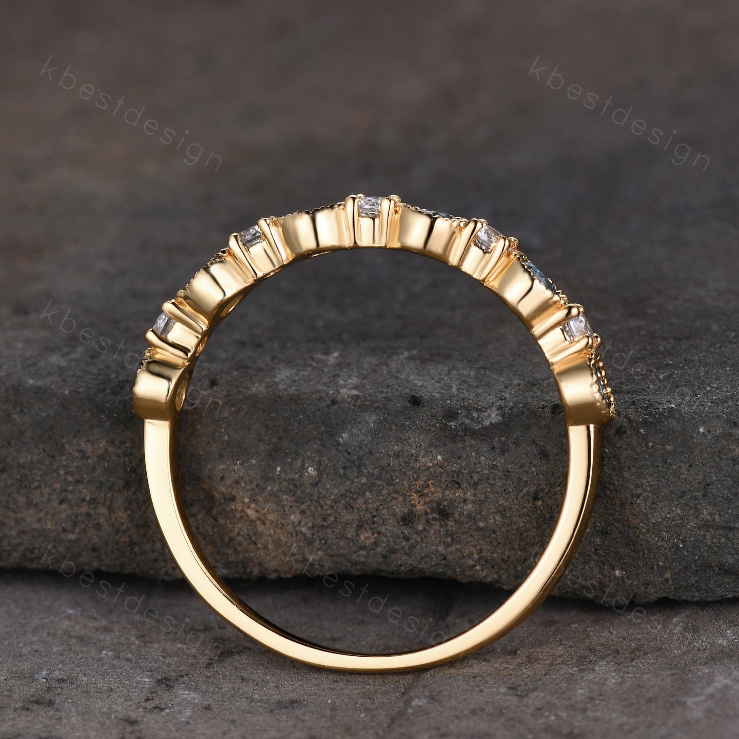 Half Eternity Blue Topaz Wedding Band Women Yellow Gold Band Art Deco Blue Topaz and Moissanite Wedding Band Unique Anniversary Ring
