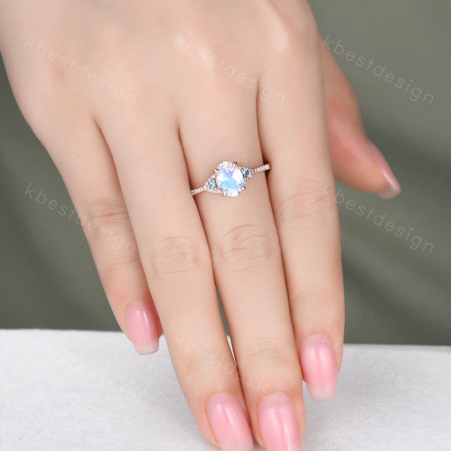 Rainbow Moonstone Engagement Ring Rose Gold Oval Moonstone Ring Unique Three Stone Alexandrite Ring June Birthstone Ring Promise Ring