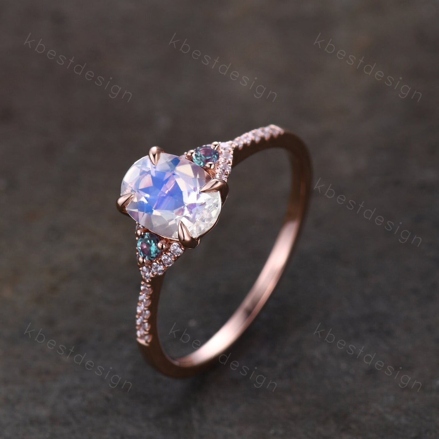 Rainbow Moonstone Engagement Ring Rose Gold Oval Moonstone Ring Unique Three Stone Alexandrite Ring June Birthstone Ring Promise Ring
