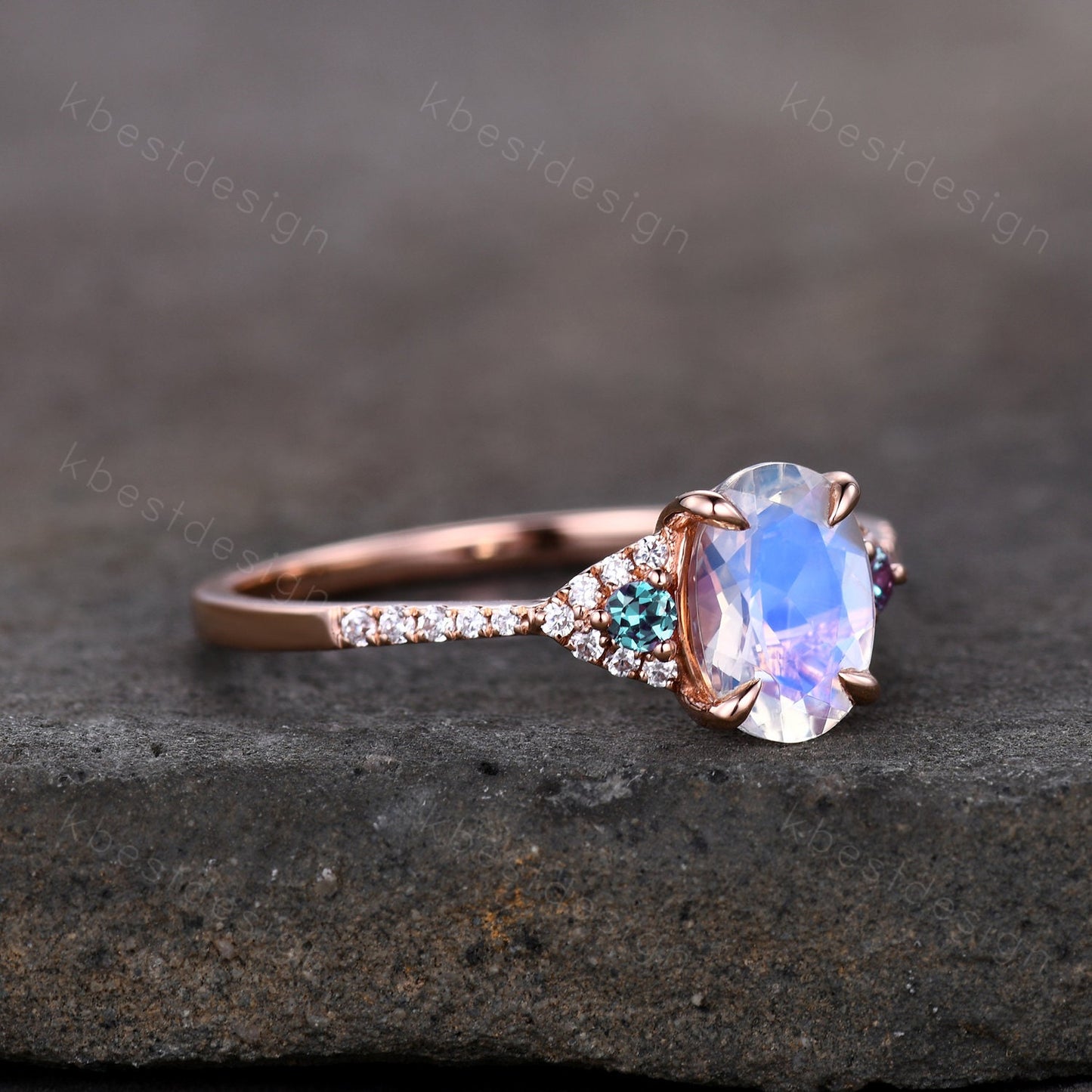 Rainbow Moonstone Engagement Ring Rose Gold Oval Moonstone Ring Unique Three Stone Alexandrite Ring June Birthstone Ring Promise Ring