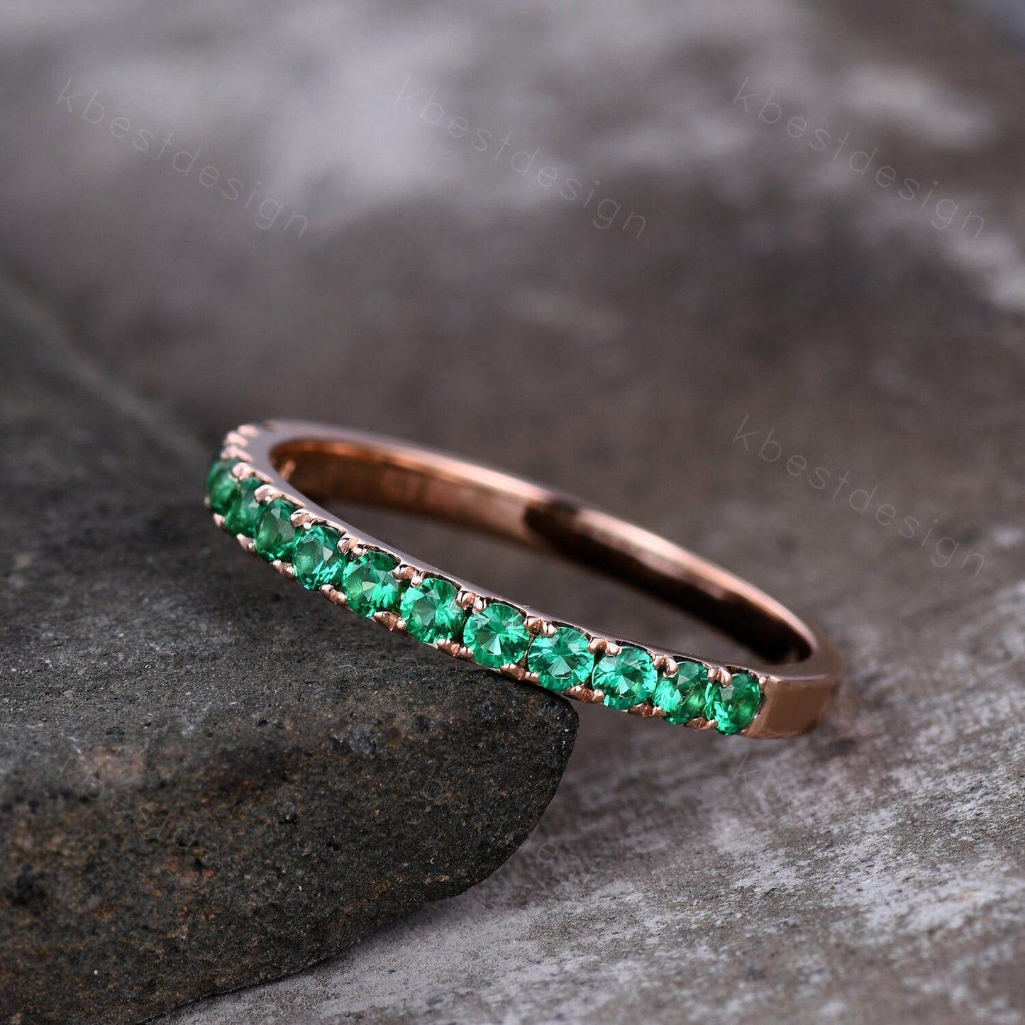 Half Eternity Emerald Wedding Band Rose Gold Band for Women 2mm Emerald Stacking Band May Birthstone Ring Anniversary Ring Promise Gift