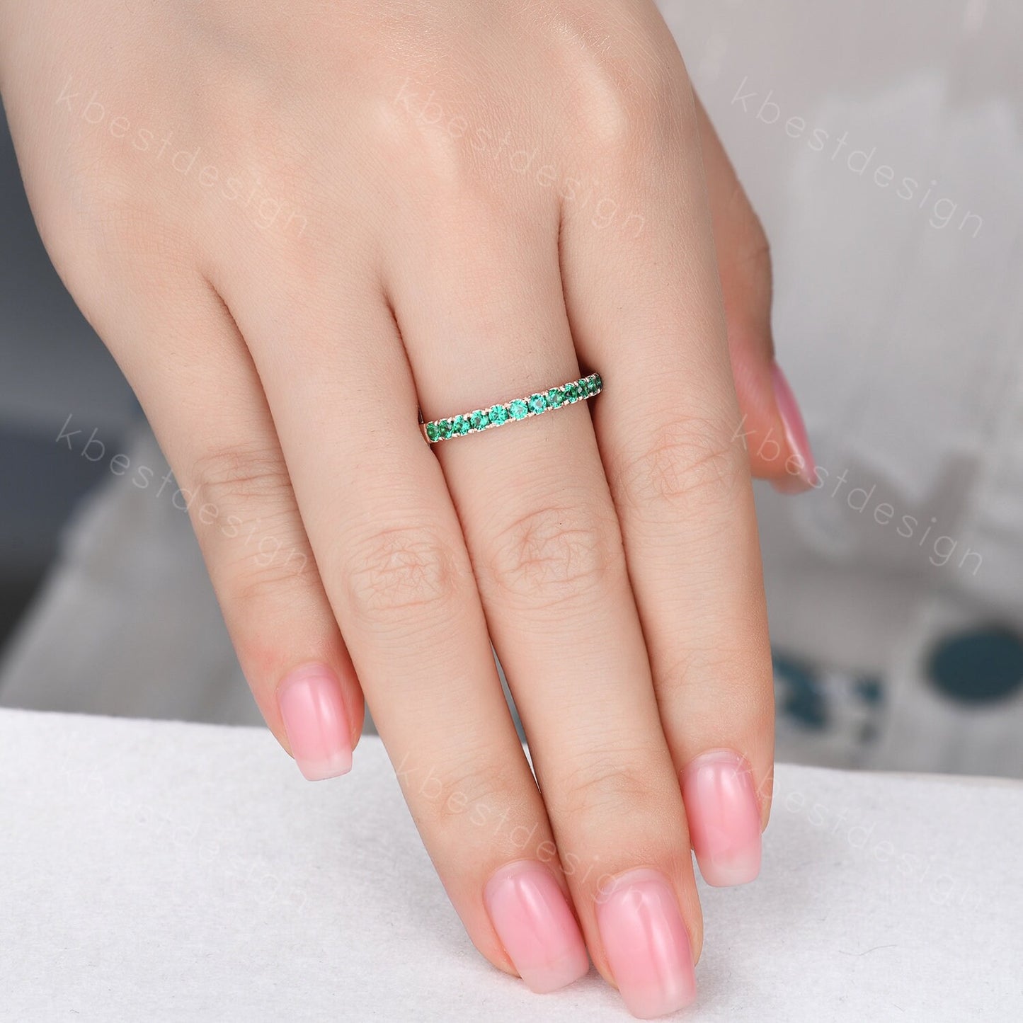 Half Eternity Emerald Wedding Band Rose Gold Band for Women 2mm Emerald Stacking Band May Birthstone Ring Anniversary Ring Promise Gift