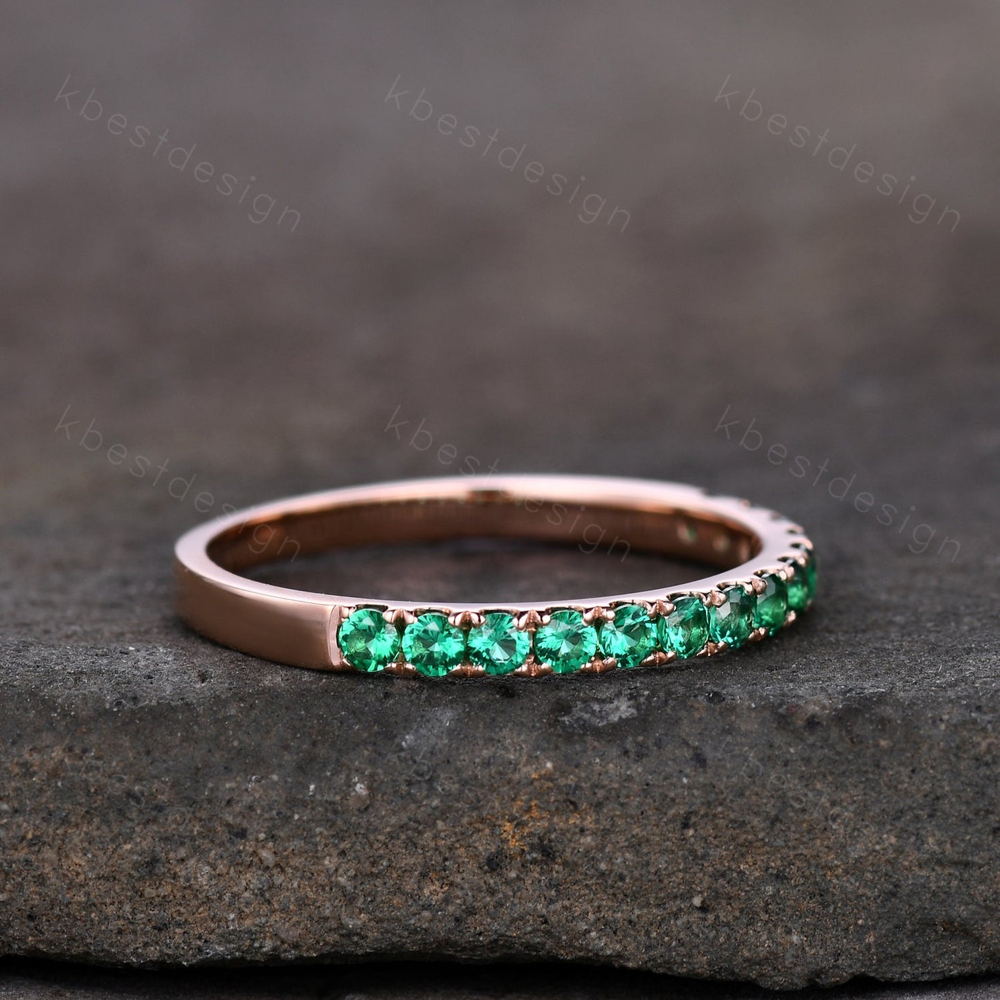 Half Eternity Emerald Wedding Band Rose Gold Band for Women 2mm Emerald Stacking Band May Birthstone Ring Anniversary Ring Promise Gift