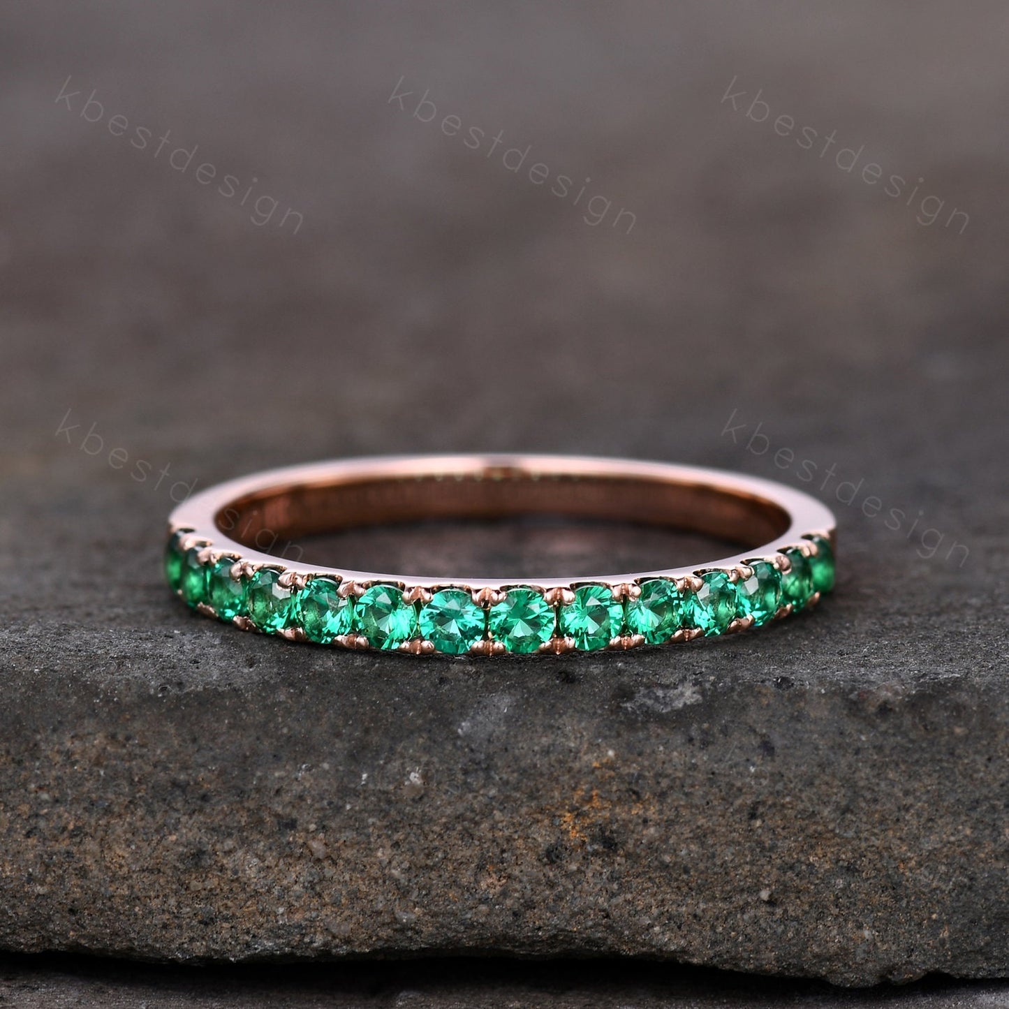 Half Eternity Emerald Wedding Band Rose Gold Band for Women 2mm Emerald Stacking Band May Birthstone Ring Anniversary Ring Promise Gift