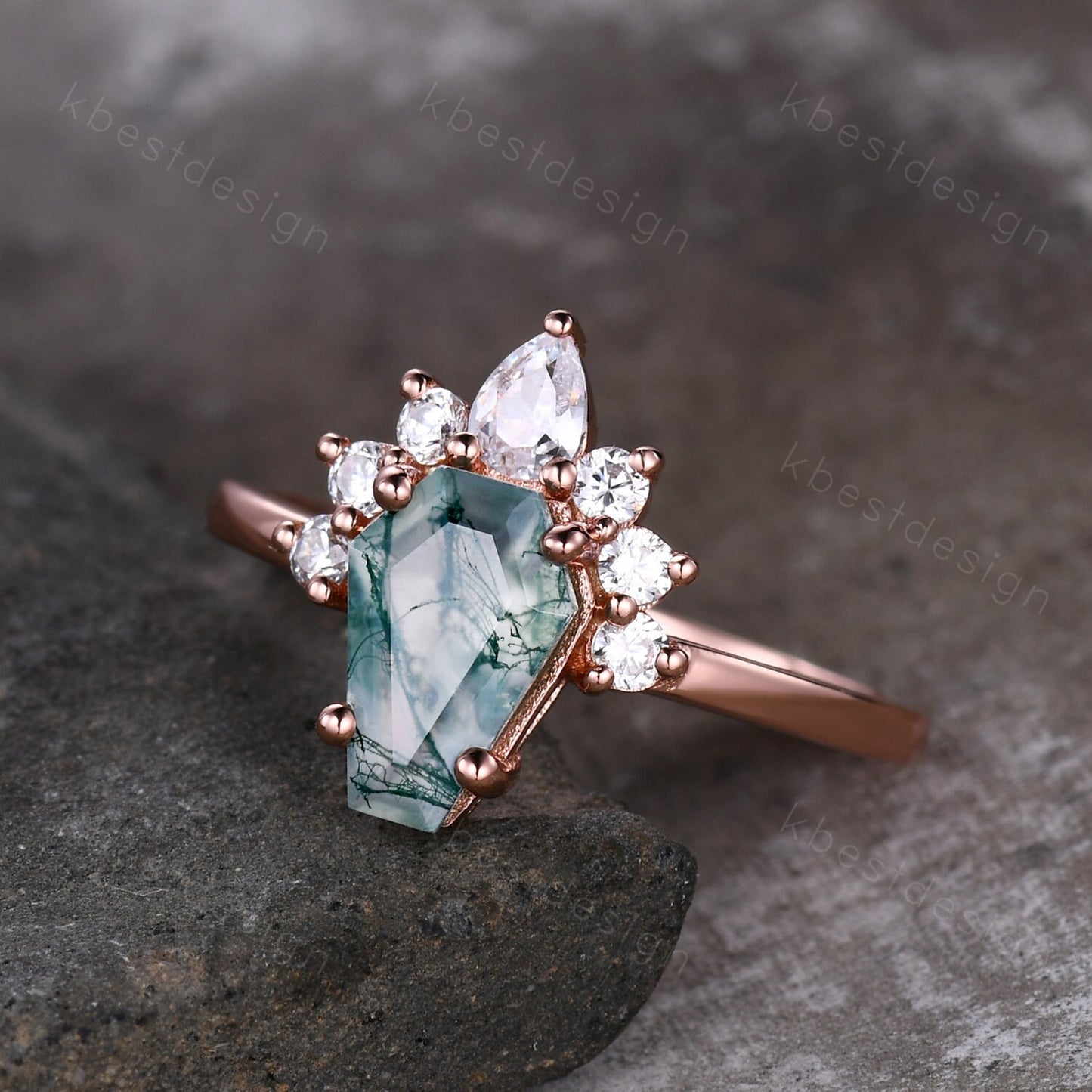 Vintage Moss Agate engagement ring Rose gold Coffin shaped Ring Unique pear moissanite ring Art deco prong set anniversary ring Women Gift