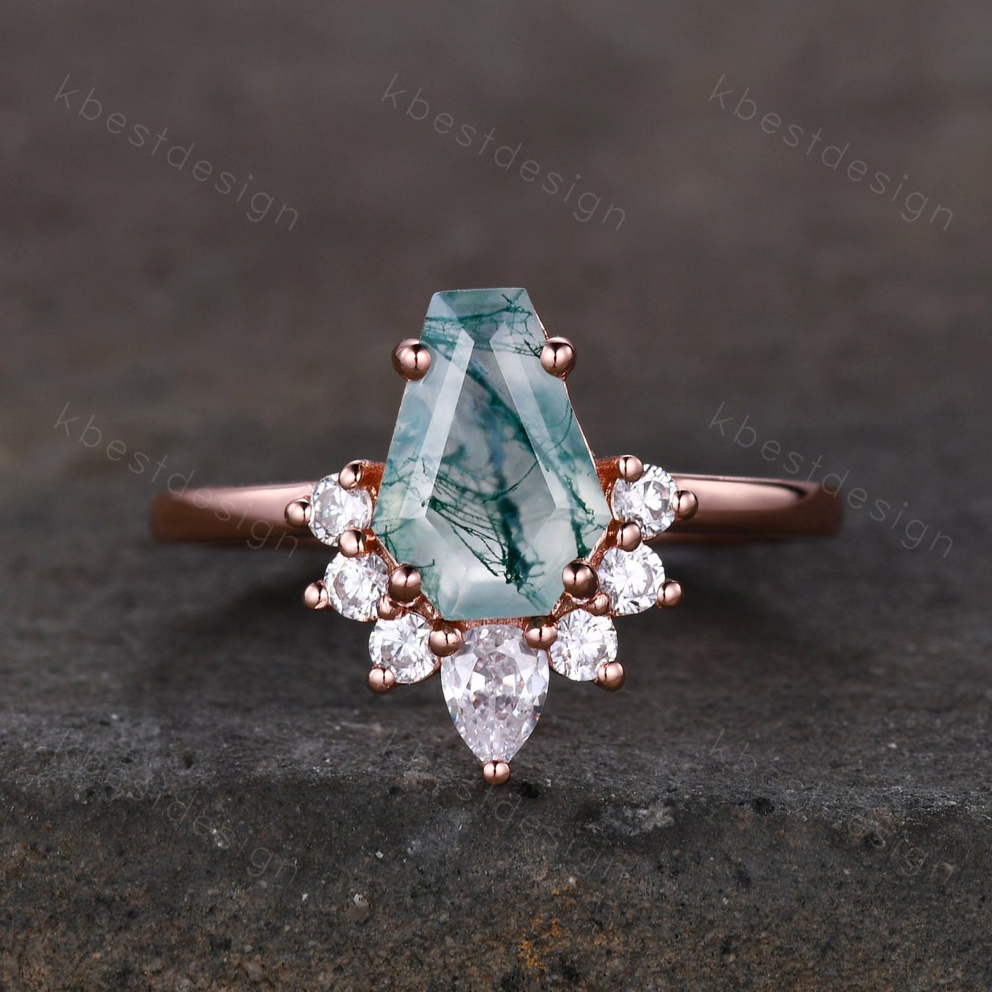 Vintage Moss Agate engagement ring Rose gold Coffin shaped Ring Unique pear moissanite ring Art deco prong set anniversary ring Women Gift