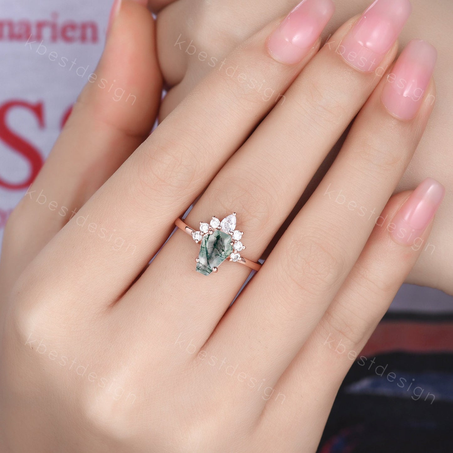 Vintage Moss Agate engagement ring Rose gold Coffin shaped Ring Unique pear moissanite ring Art deco prong set anniversary ring Women Gift