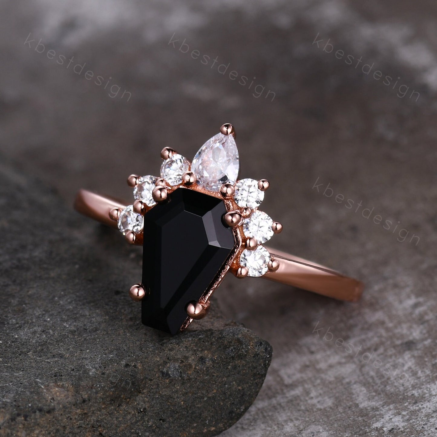 Black Onyx Engagement Ring Rose Gold Pear Moissanite ring Vintage coffin shaped ring Solitaire engagement ring Promise anniversary ring
