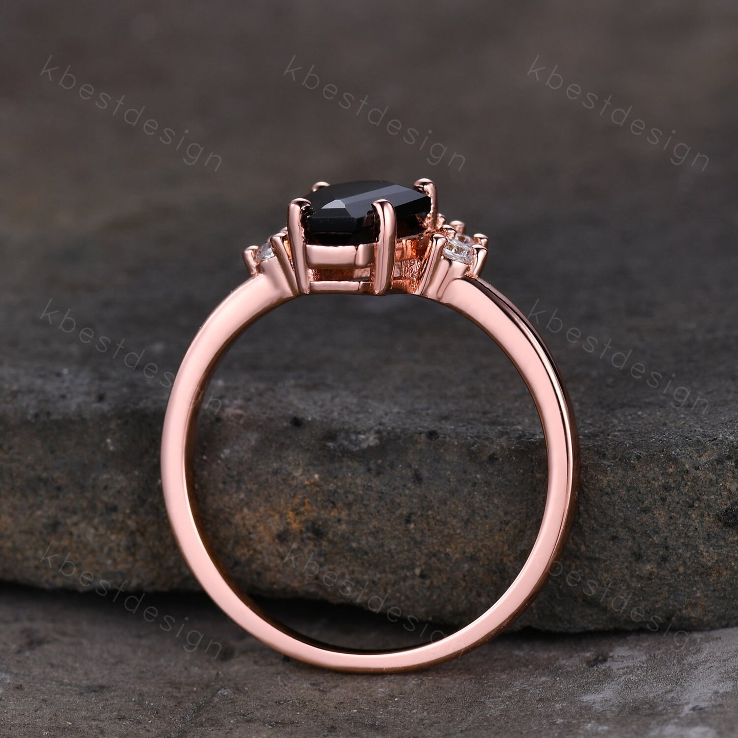 Black Onyx Engagement Ring Rose Gold Pear Moissanite ring Vintage coffin shaped ring Solitaire engagement ring Promise anniversary ring
