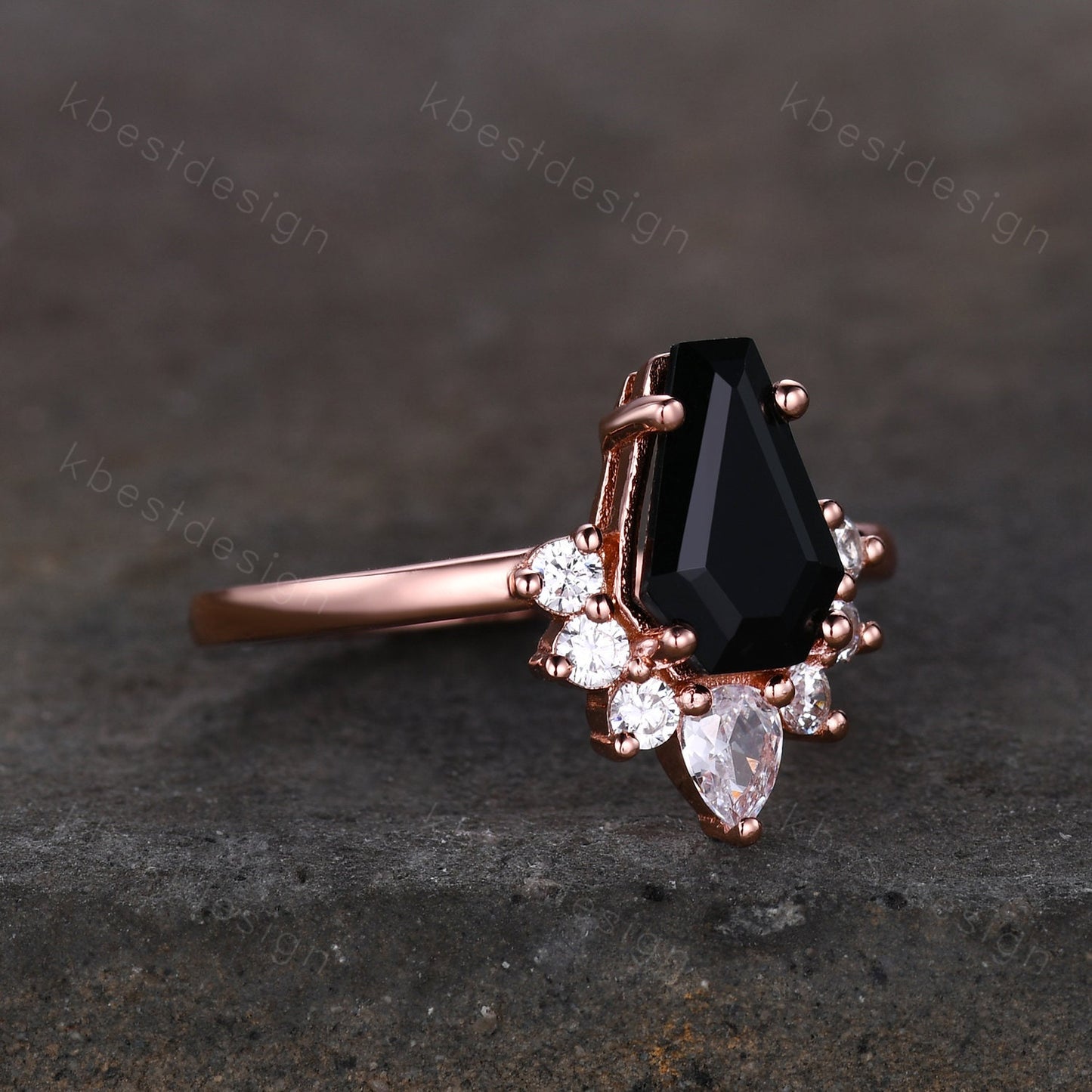Black Onyx Engagement Ring Rose Gold Pear Moissanite ring Vintage coffin shaped ring Solitaire engagement ring Promise anniversary ring