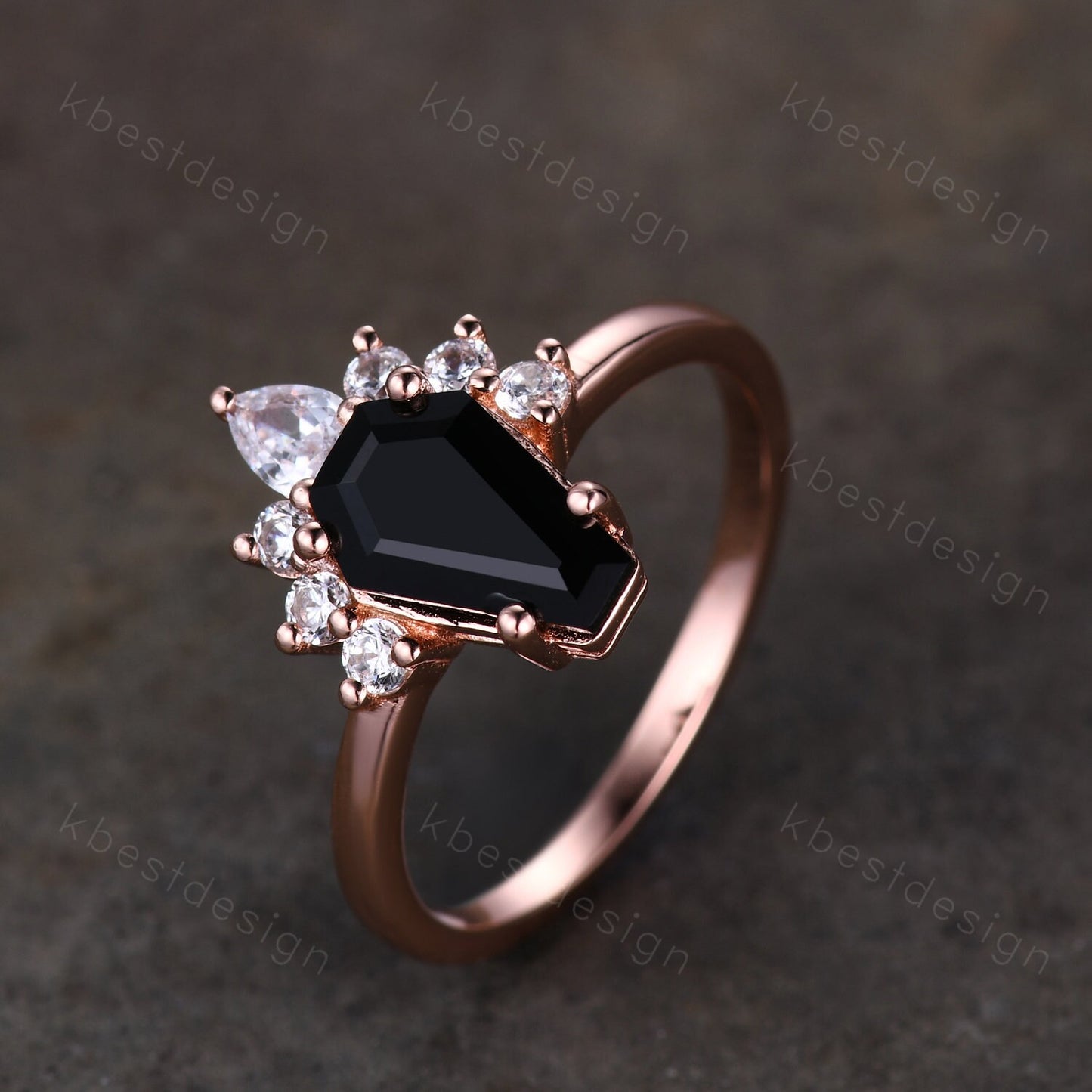 Black Onyx Engagement Ring Rose Gold Pear Moissanite ring Vintage coffin shaped ring Solitaire engagement ring Promise anniversary ring