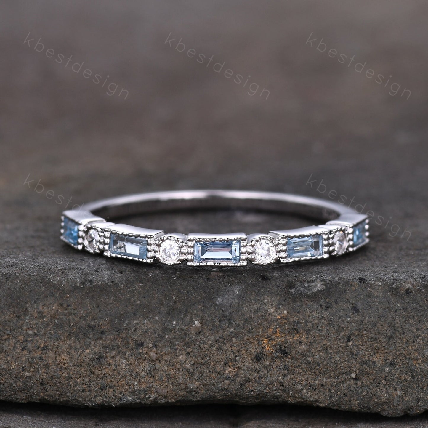 Blue Topaz Wedding Band, Half Eternity Baguette Band, White Gold Band, Art Deco Stacking Band, Anniversary Gift, December Birthstone Ring