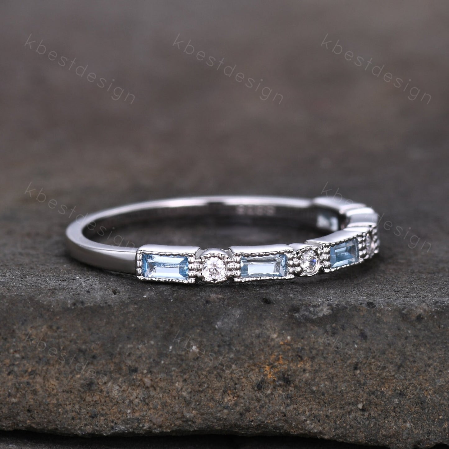 Blue Topaz Wedding Band, Half Eternity Baguette Band, White Gold Band, Art Deco Stacking Band, Anniversary Gift, December Birthstone Ring