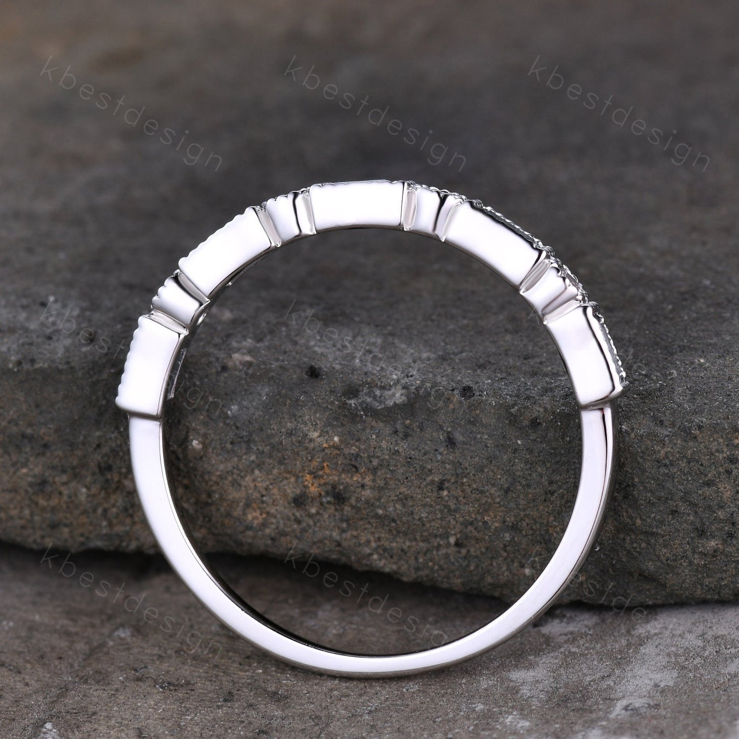 Blue Topaz Wedding Band, Half Eternity Baguette Band, White Gold Band, Art Deco Stacking Band, Anniversary Gift, December Birthstone Ring